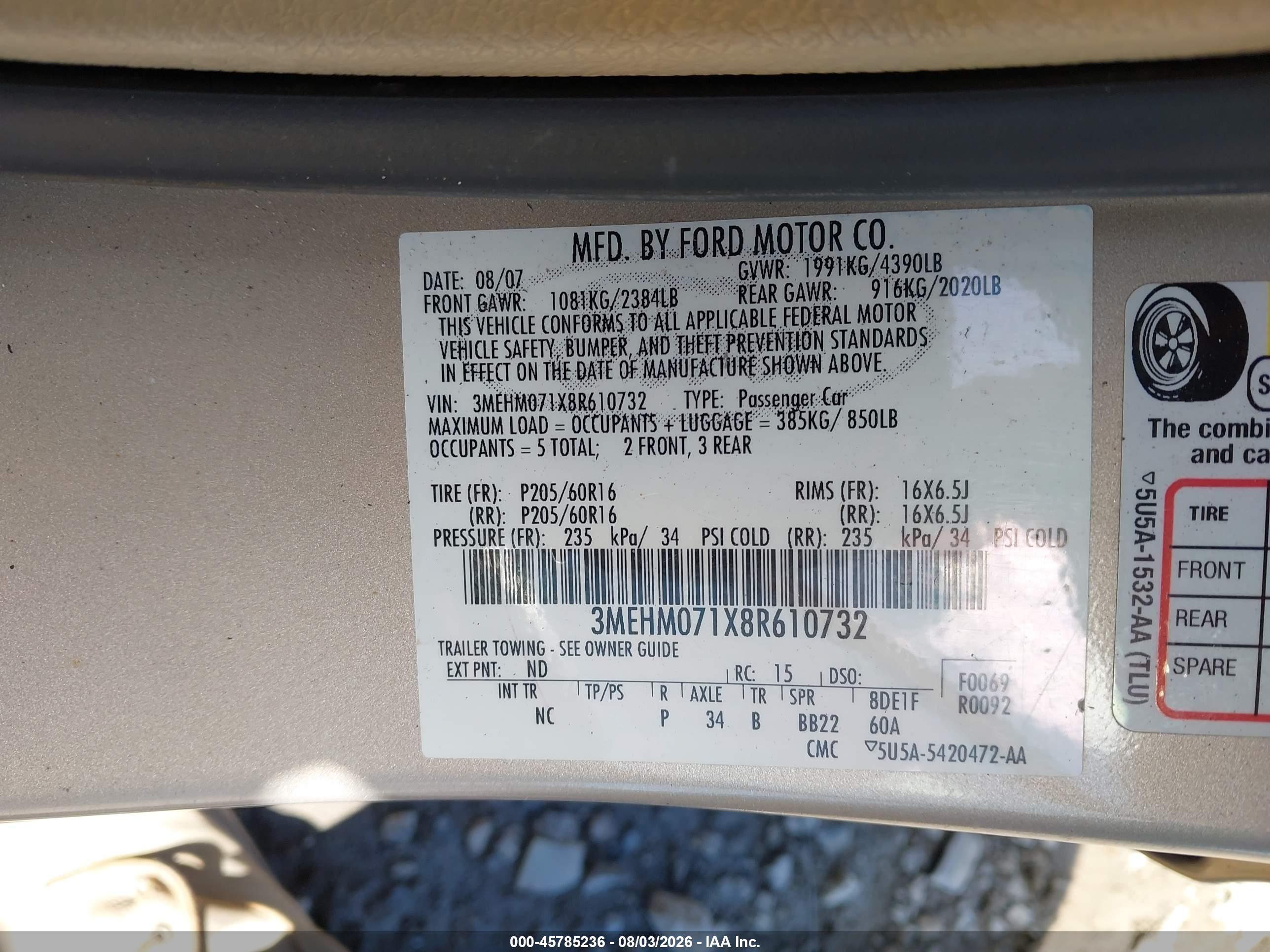 2008 Mercury Milan V6 Gold vin: 3MEHM071X8R610732