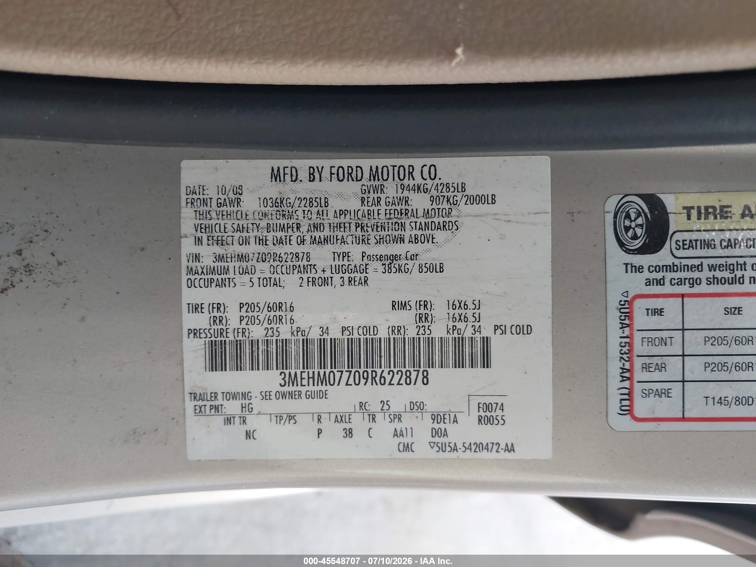 2009 Mercury Milan I4 Beige vin: 3MEHM07Z09R622878
