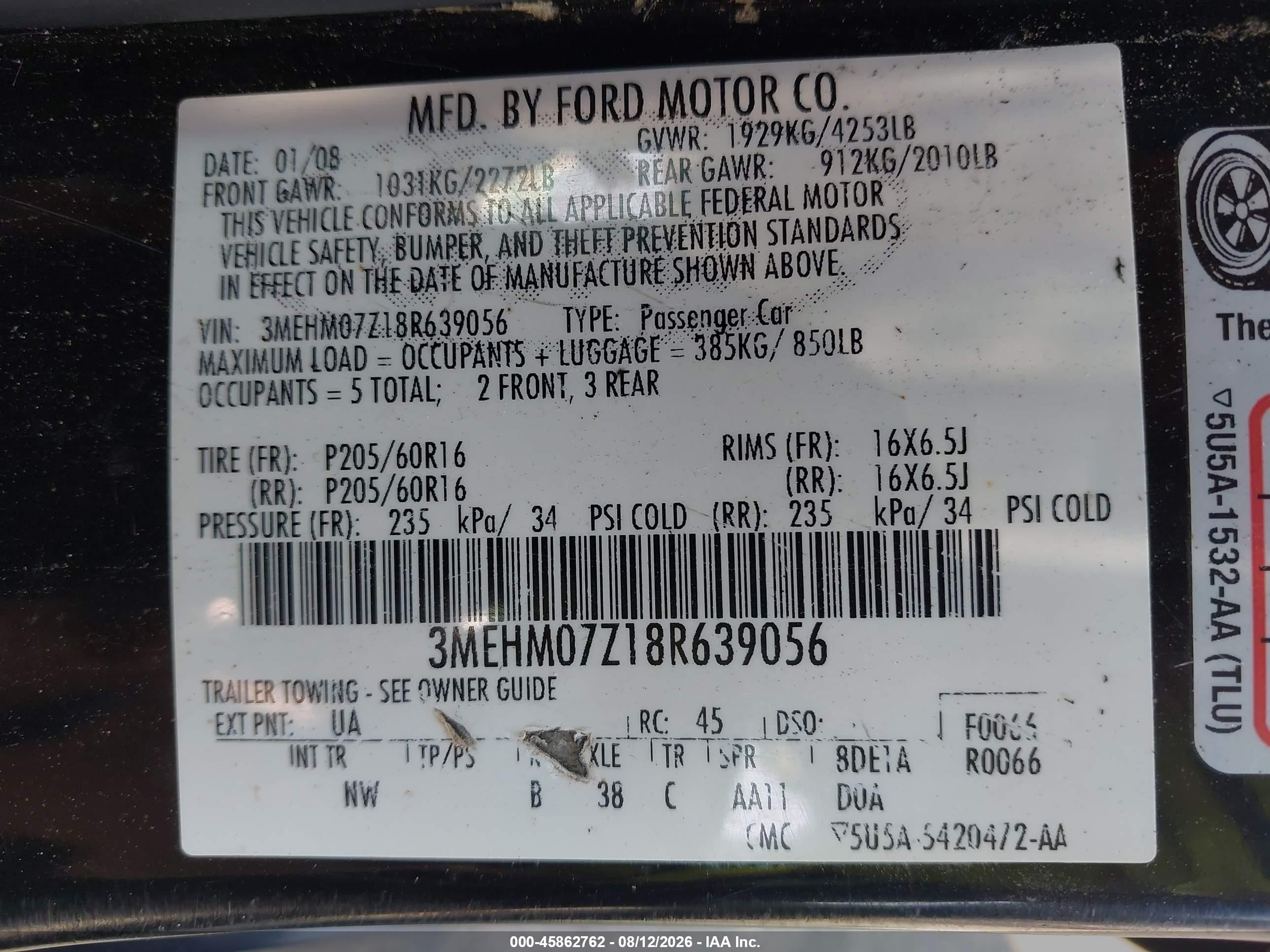 2008 Mercury Milan I4 Black vin: 3MEHM07Z18R639056