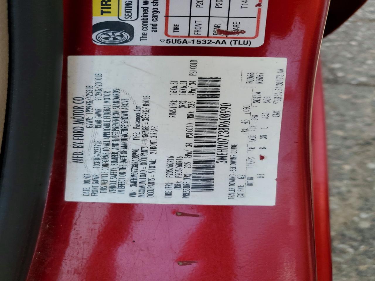 2008 Mercury Milan Red vin: 3MEHM07Z38R608990
