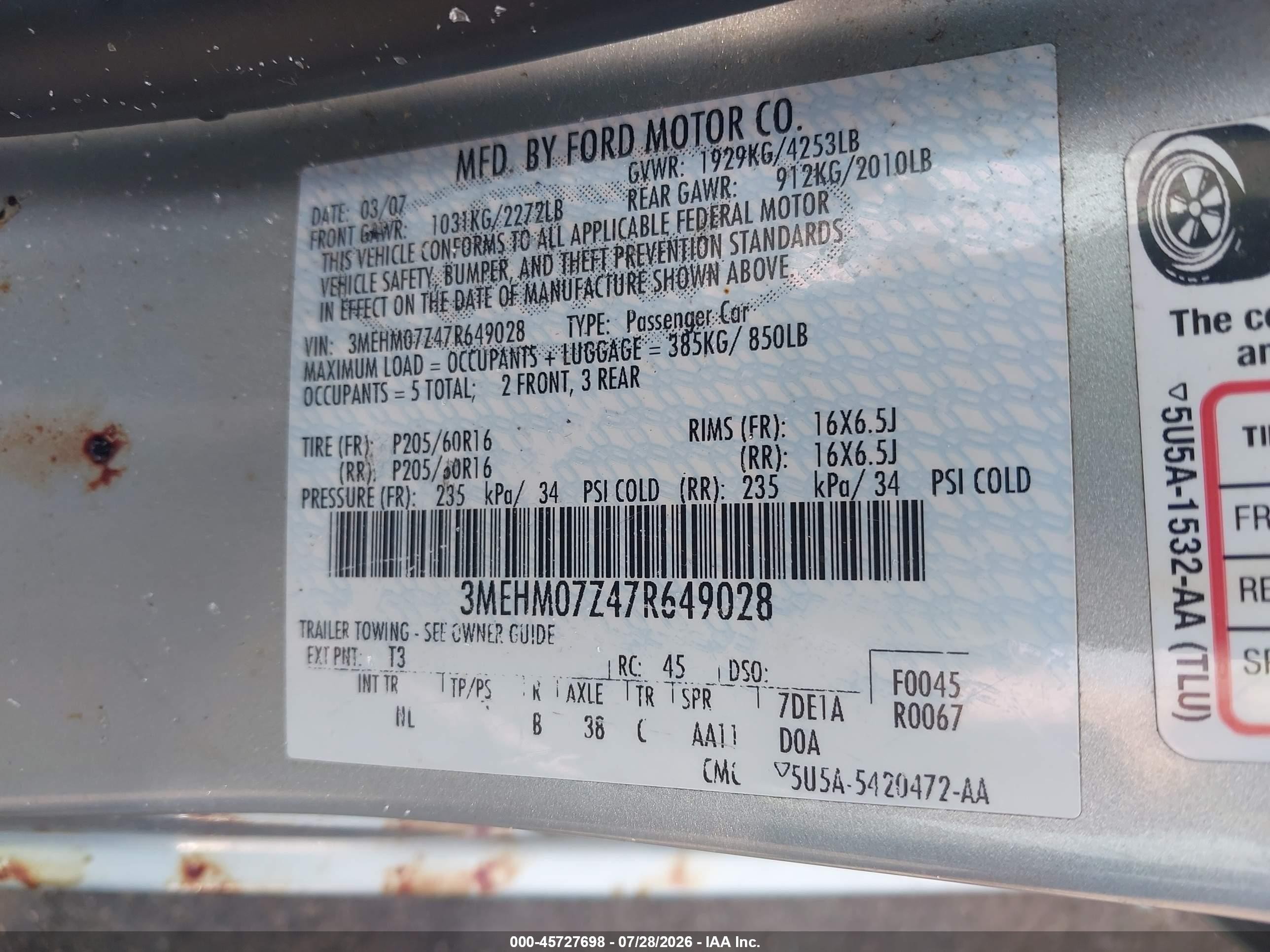 2007 Mercury Milan I4 (100a) Blue vin: 3MEHM07Z47R649028