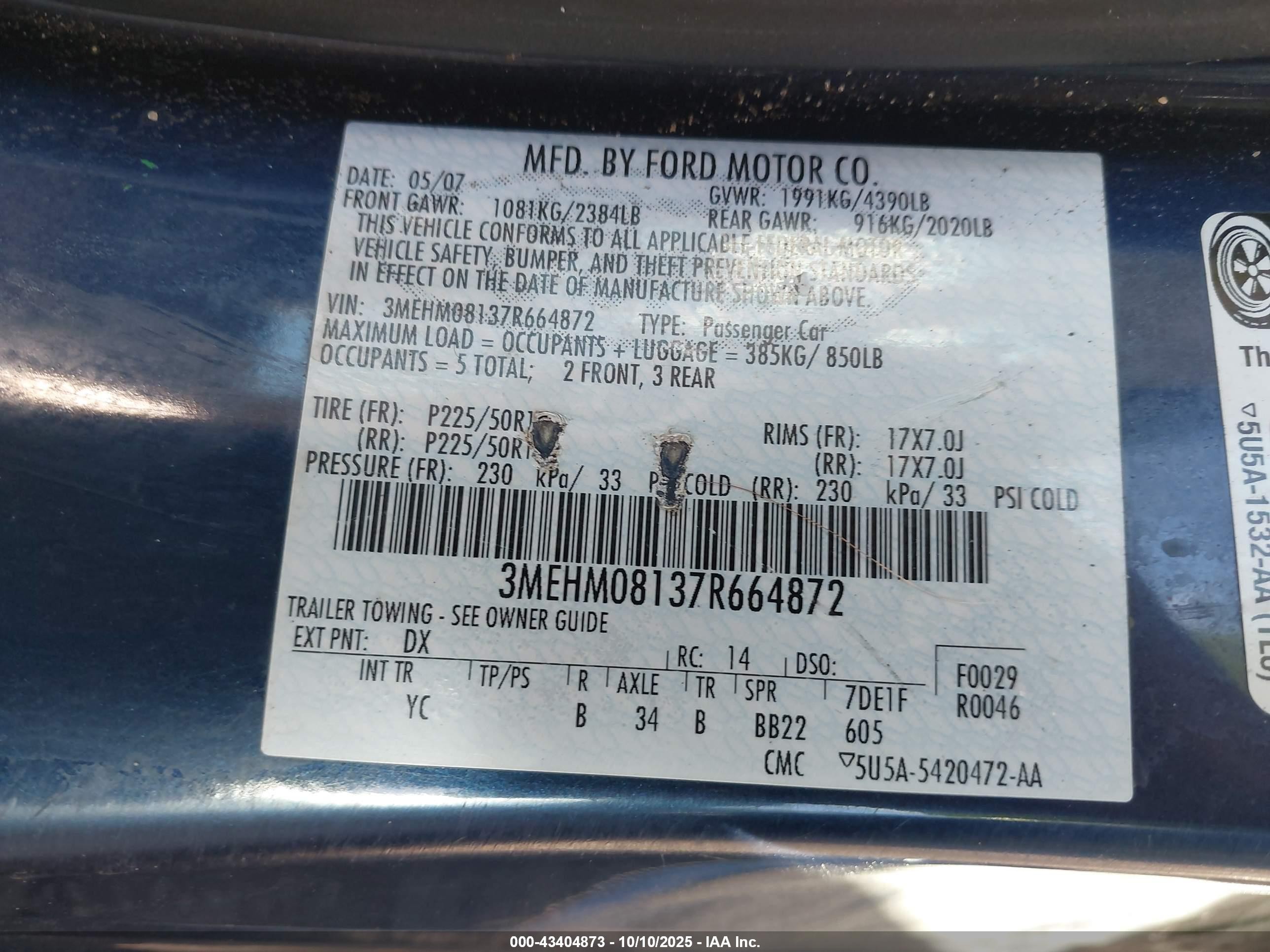 2007 Mercury Milan V6 Premier Dark Blue vin: 3MEHM08137R664872