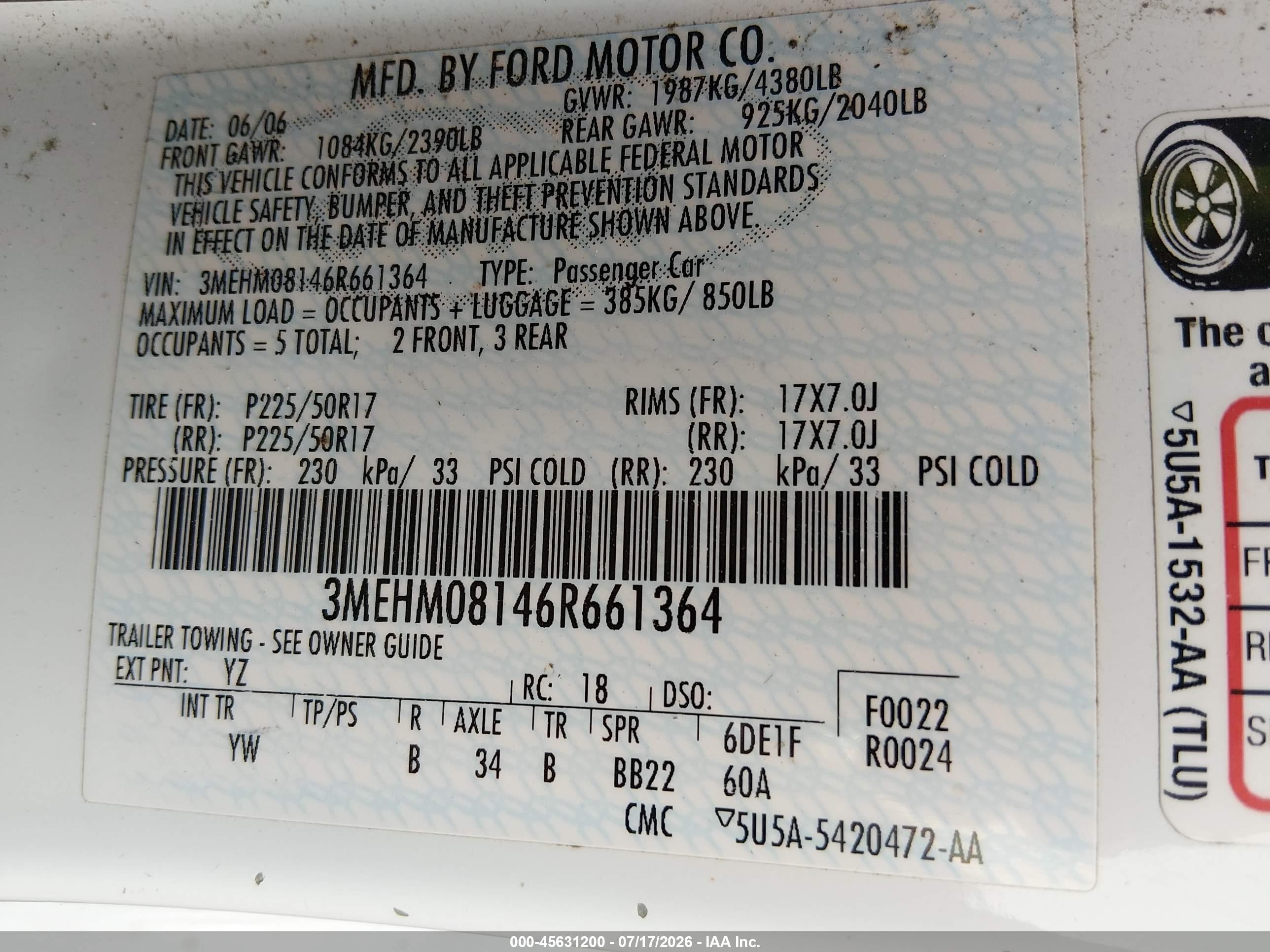 2006 Mercury Milan V6 Premier Белый vin: 3MEHM08146R661364