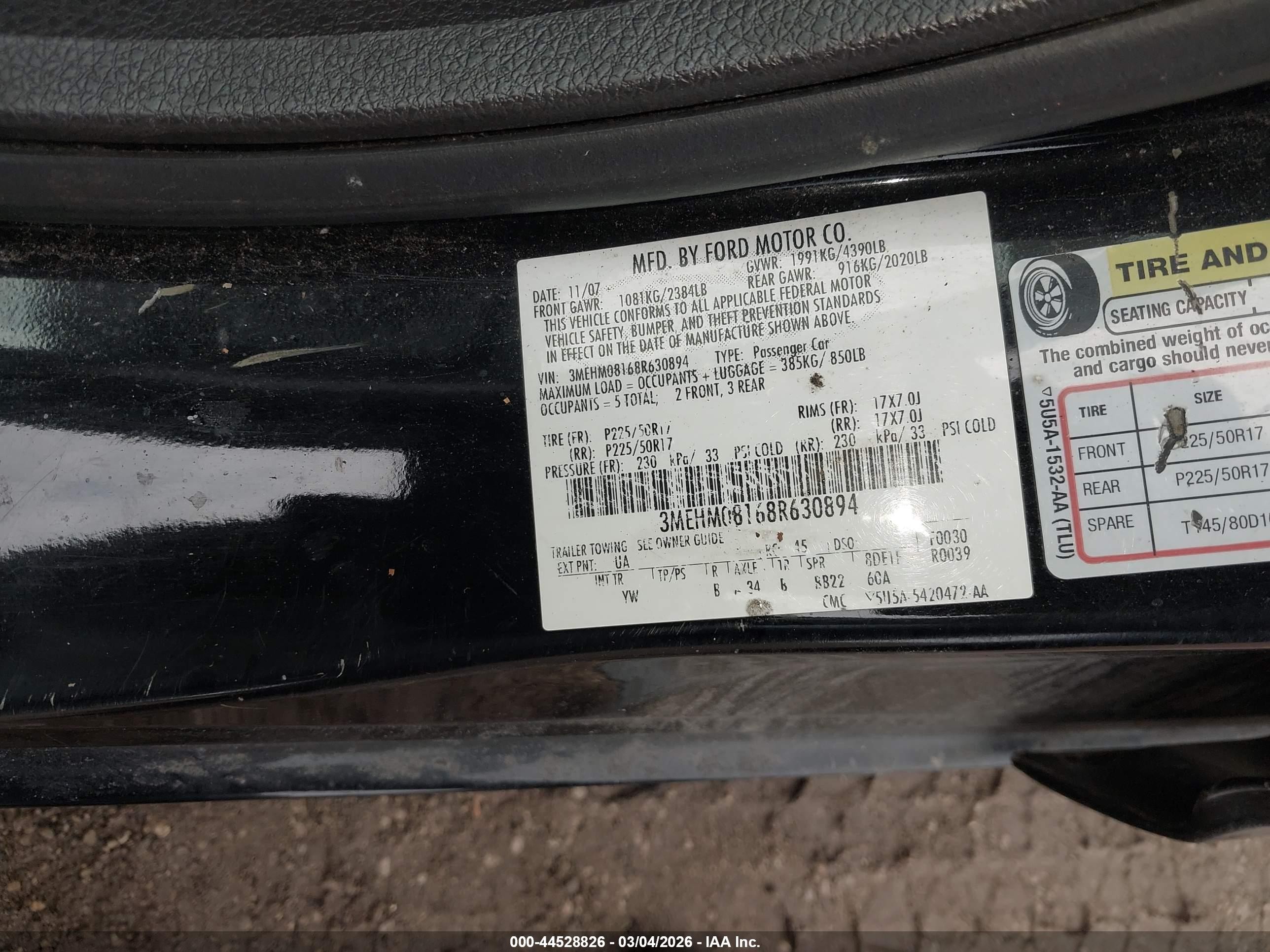 2008 Mercury Milan V6 Premier Black vin: 3MEHM08168R630894