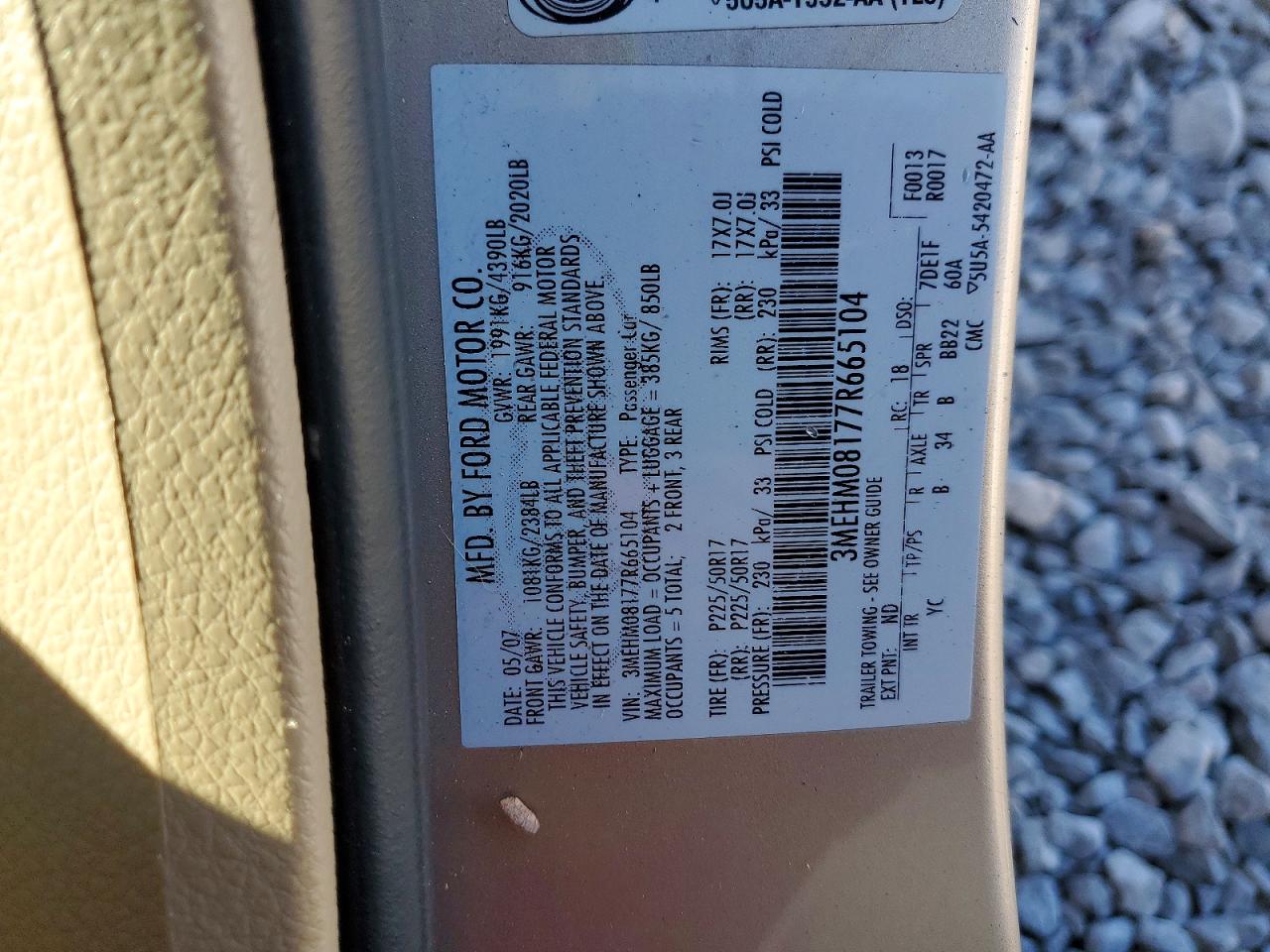 2007 Mercury Milan Premier Gold vin: 3MEHM08177R665104