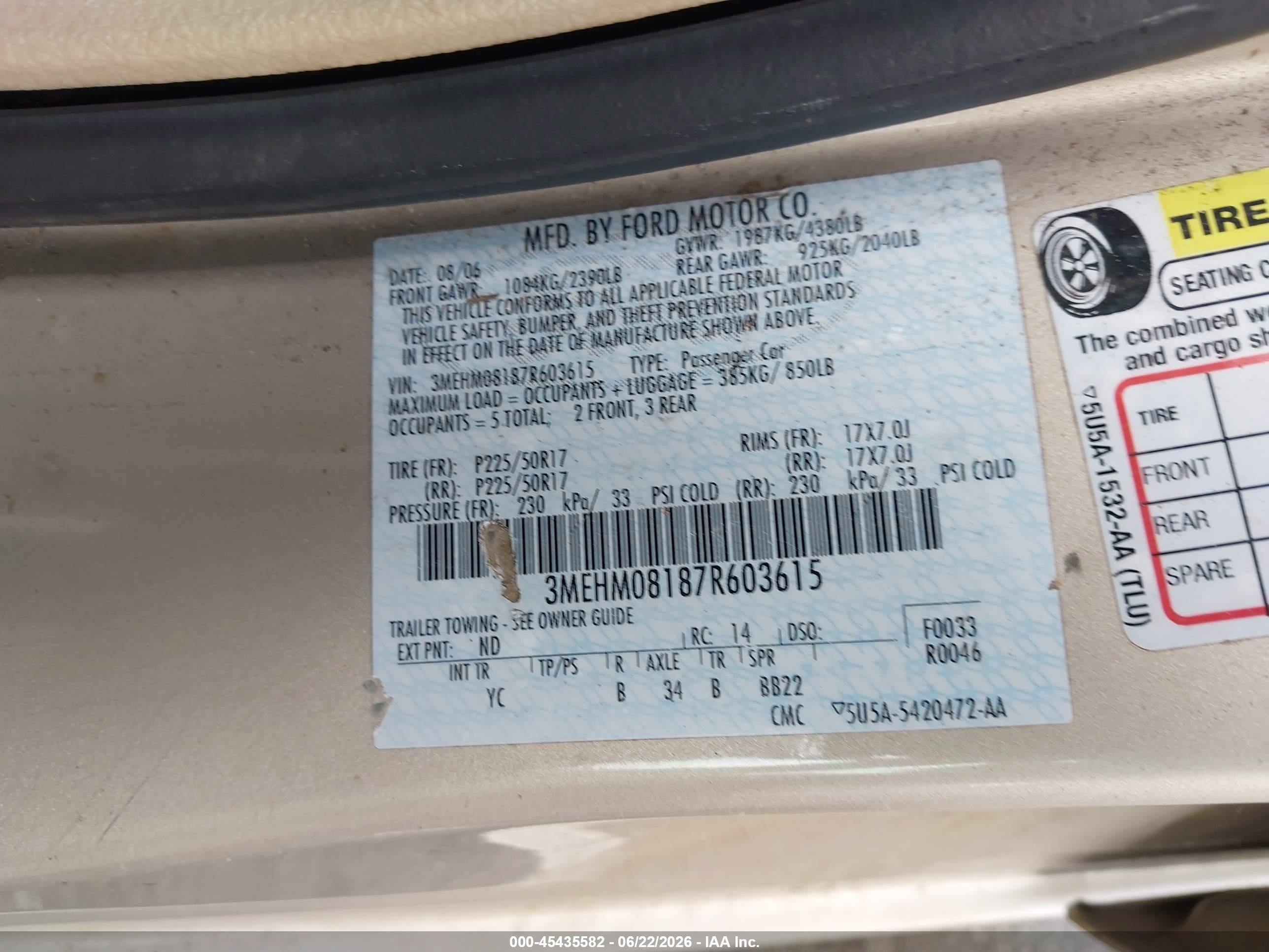 2007 Mercury Milan Premier Gold vin: 3MEHM08187R603615