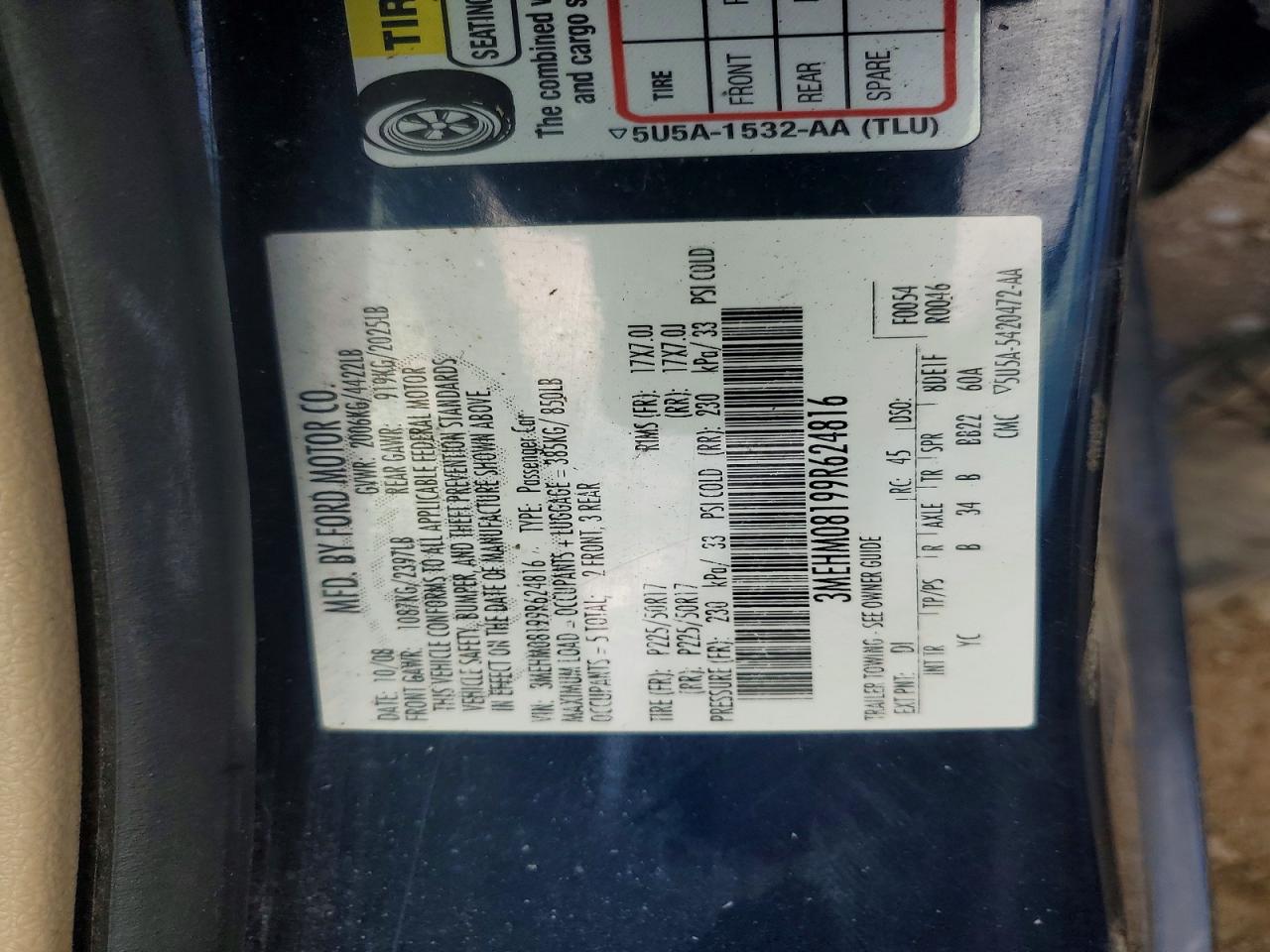 2009 Mercury Milan Premier Blue vin: 3MEHM08199R624816