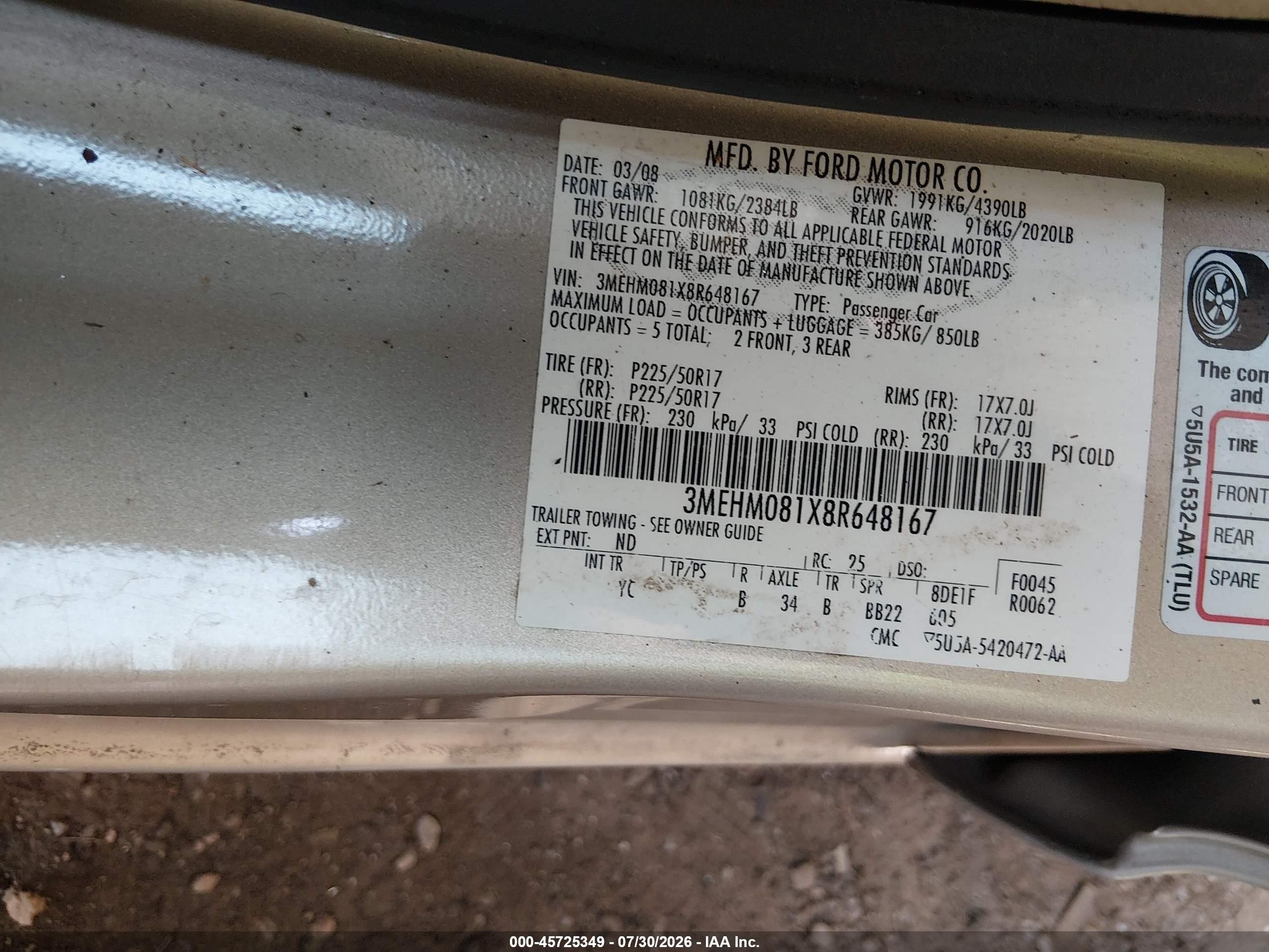 2008 Mercury Milan V6 Premier Gold vin: 3MEHM081X8R648167