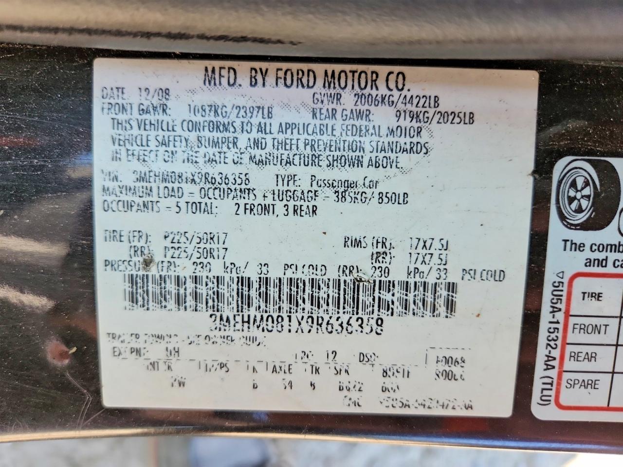2009 Mercury Milan Premier Black vin: 3MEHM081X9R636358