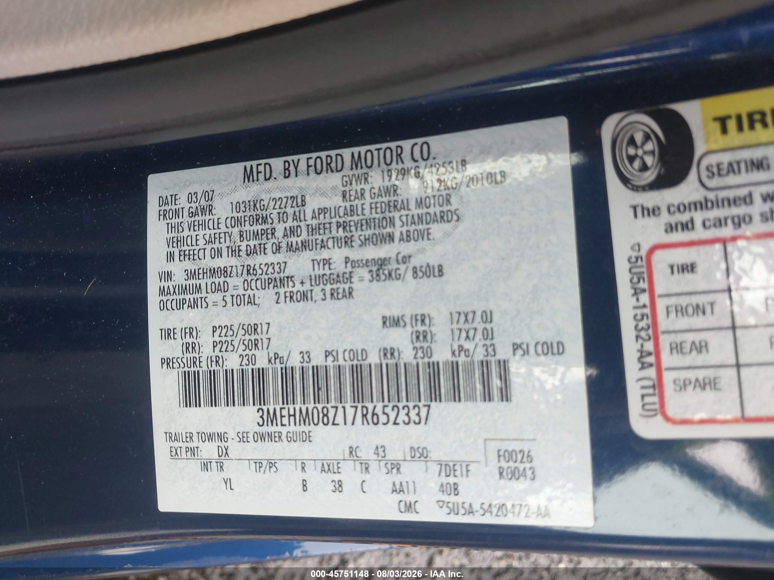 2007 Mercury Milan Premier Blue vin: 3MEHM08Z17R652337