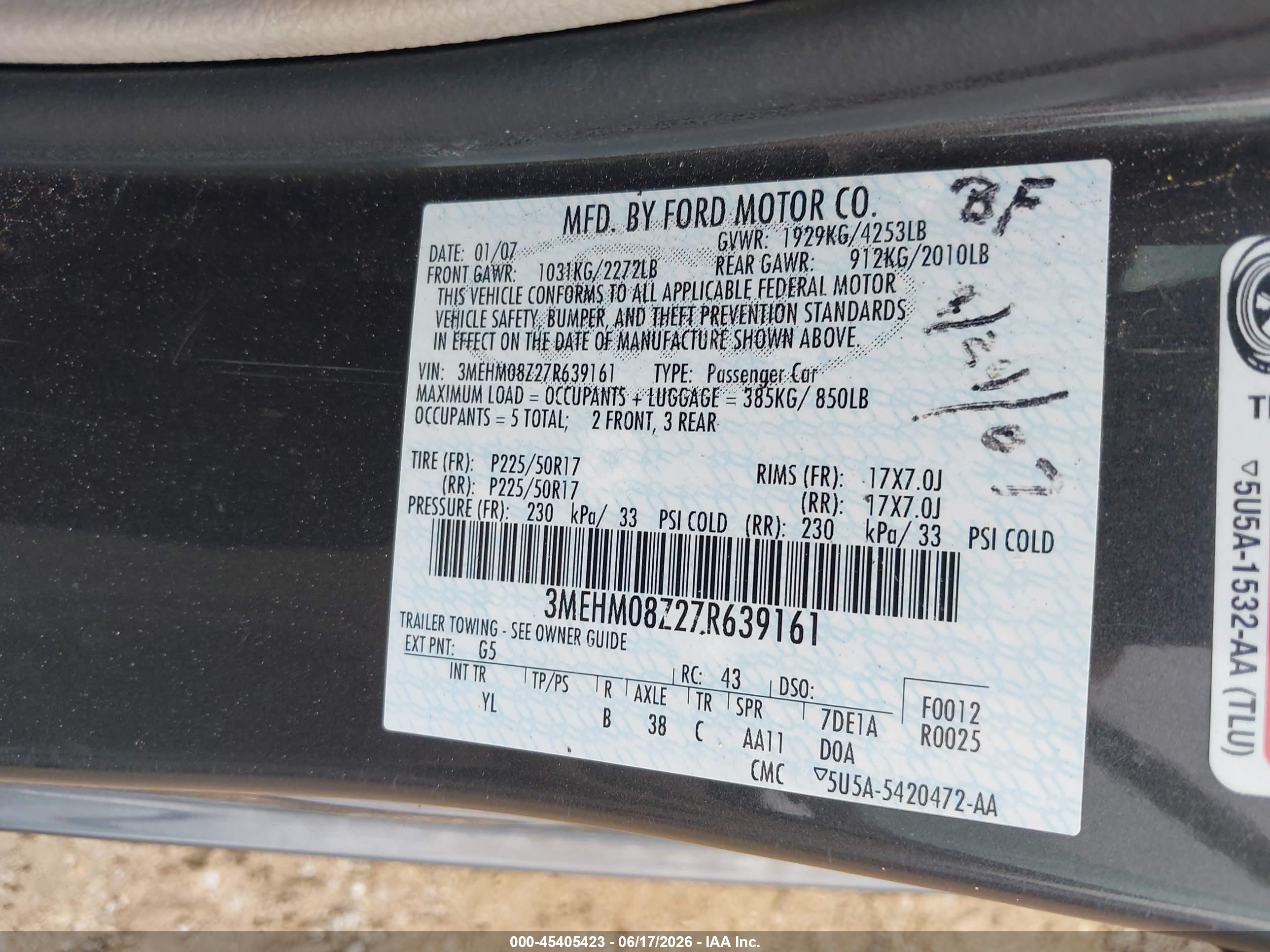 2007 Mercury Milan Premier Черный vin: 3MEHM08Z27R639161