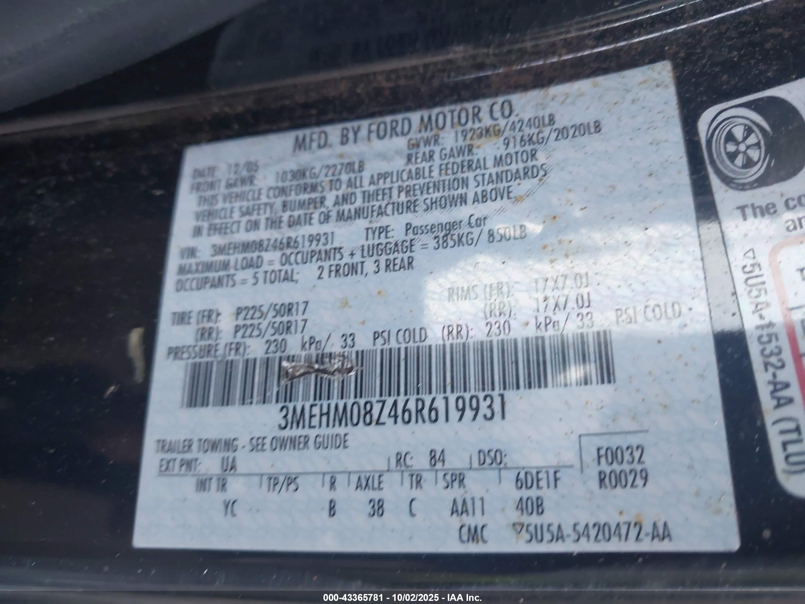 2006 Mercury Milan I4 Premier Black vin: 3MEHM08Z46R619931