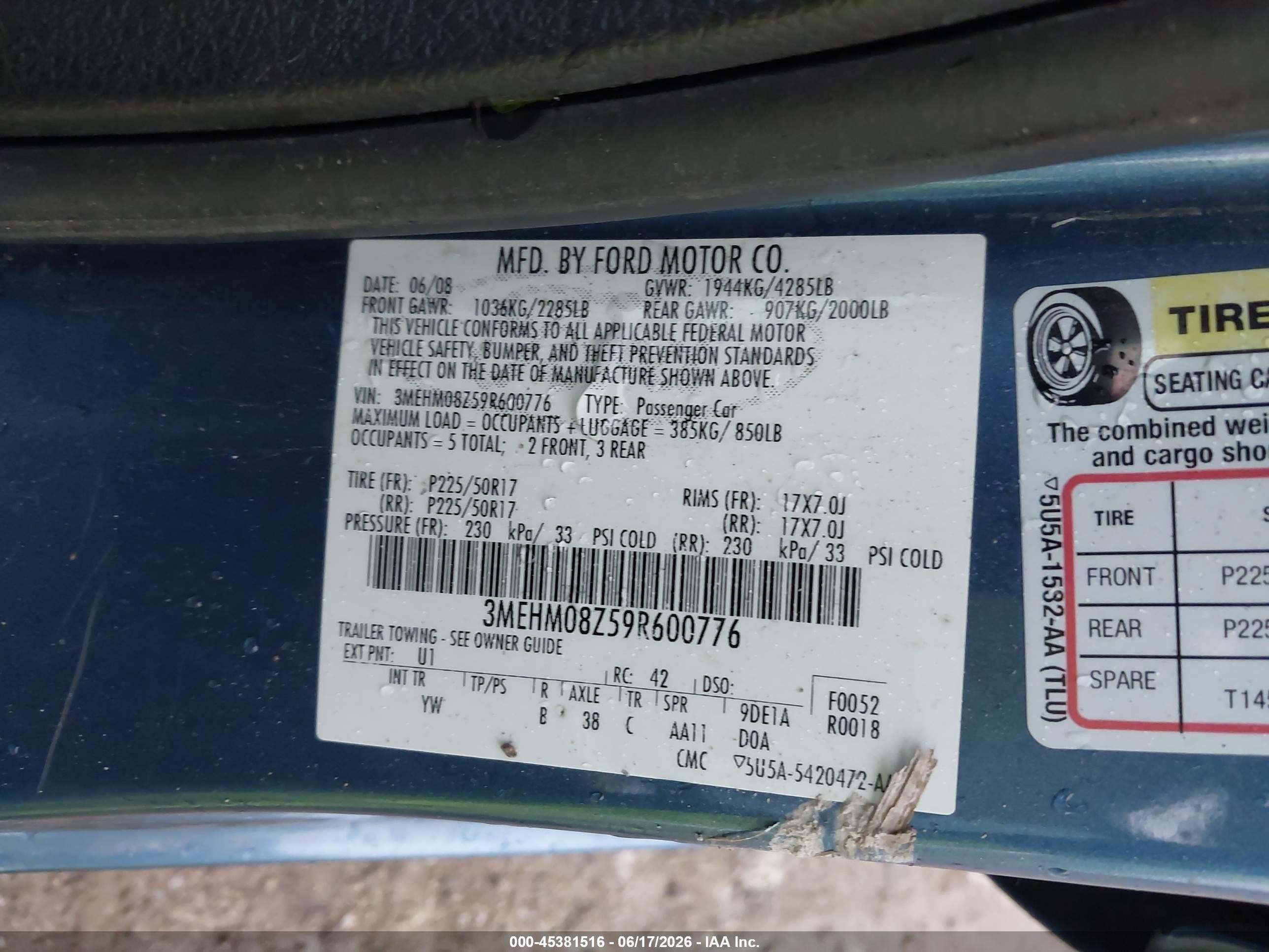 2009 Mercury Milan Premier Blue vin: 3MEHM08Z59R600776