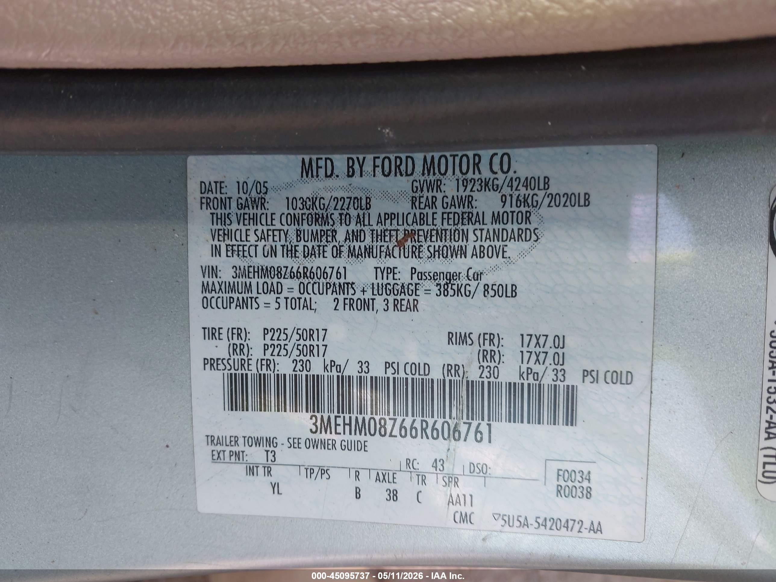 2006 Mercury Milan I4 Premier Green vin: 3MEHM08Z66R606761