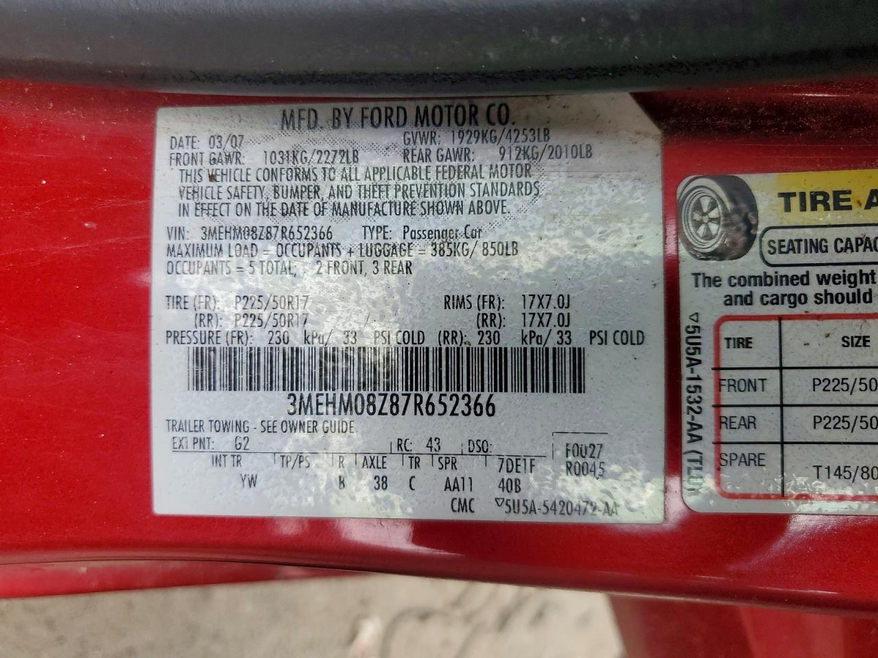 2007 Mercury Milan Premier Red vin: 3MEHM08Z87R652366
