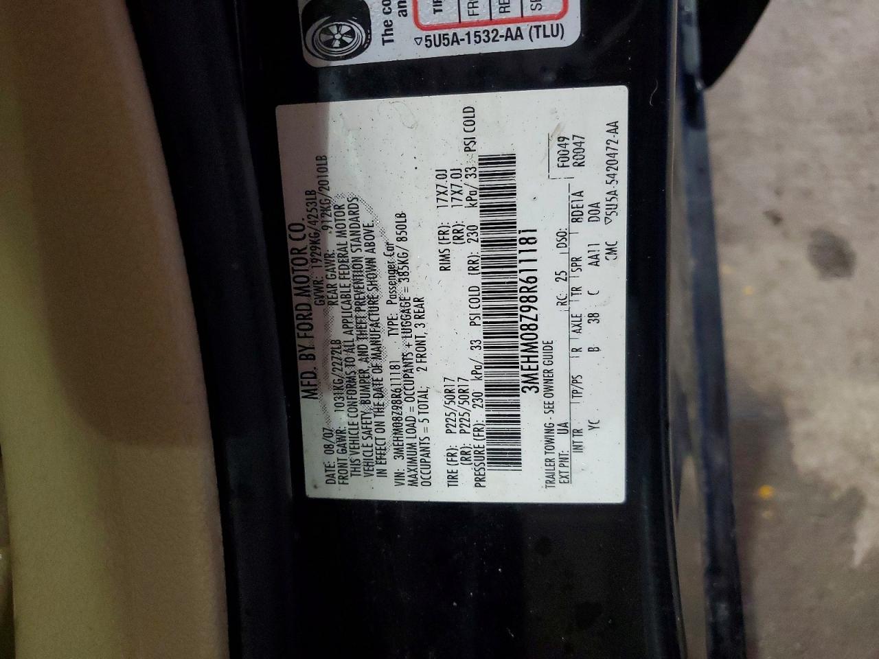 2008 Mercury Milan Black vin: 3MEHM08Z98R611181