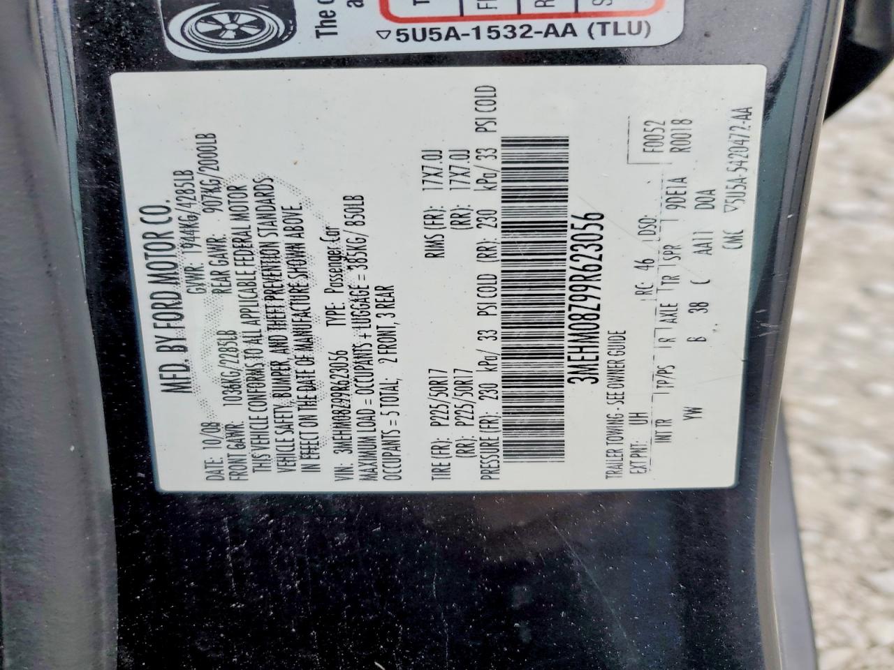 2009 Mercury Milan Premier Black vin: 3MEHM08Z99R623056