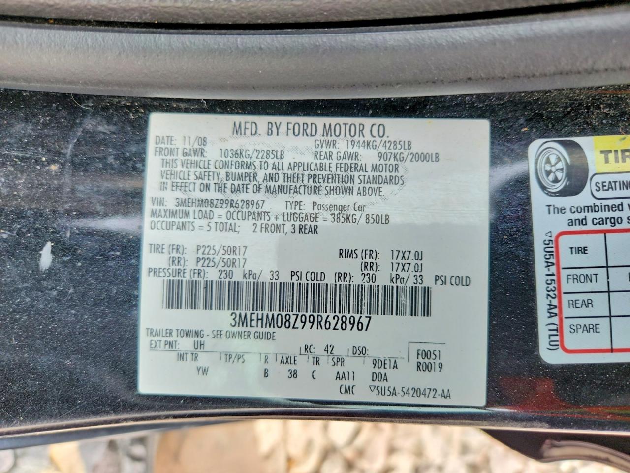 2009 Mercury Milan Premier Black vin: 3MEHM08Z99R628967