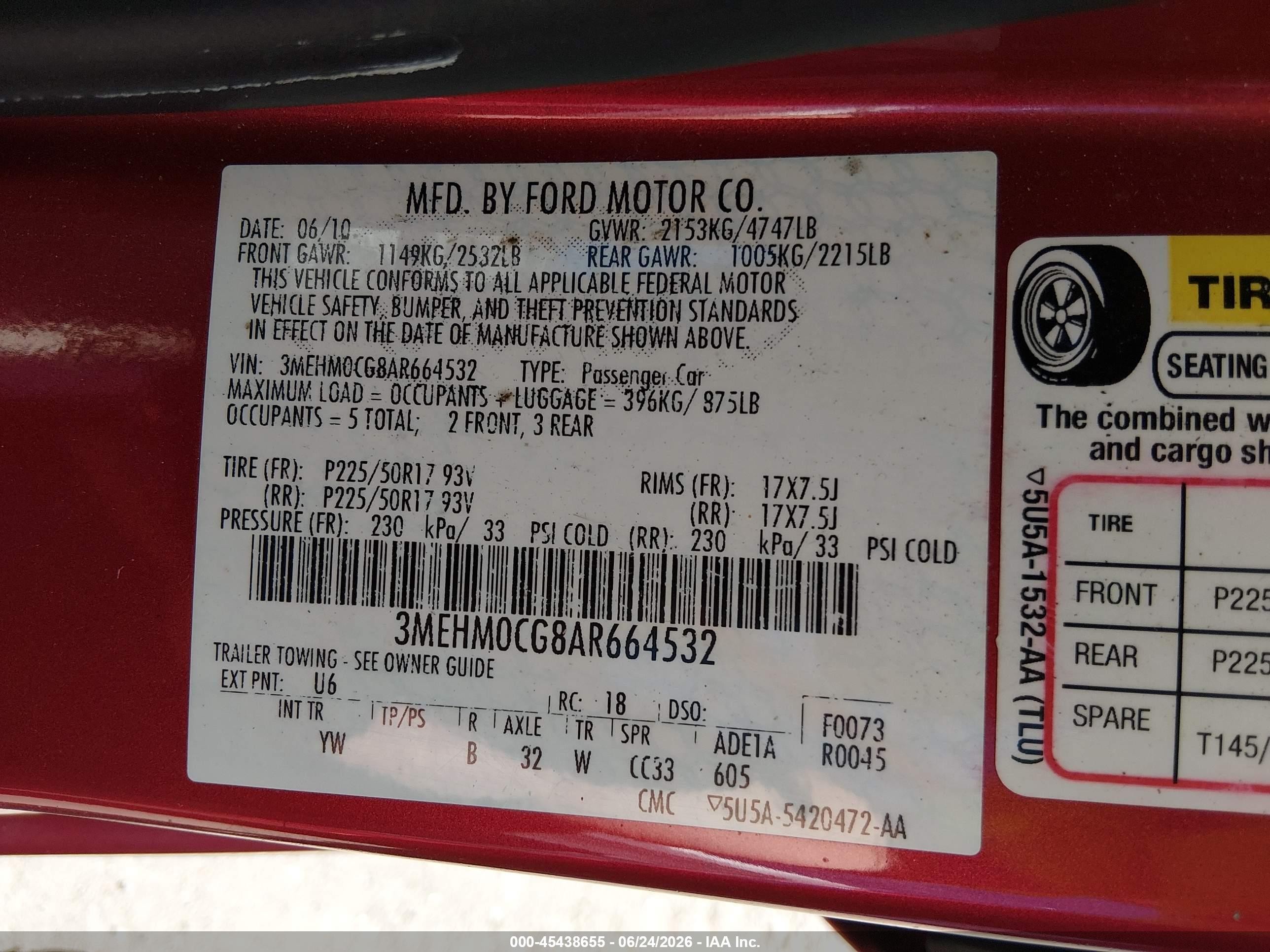2010 Mercury Milan Premier Red vin: 3MEHM0CG8AR664532