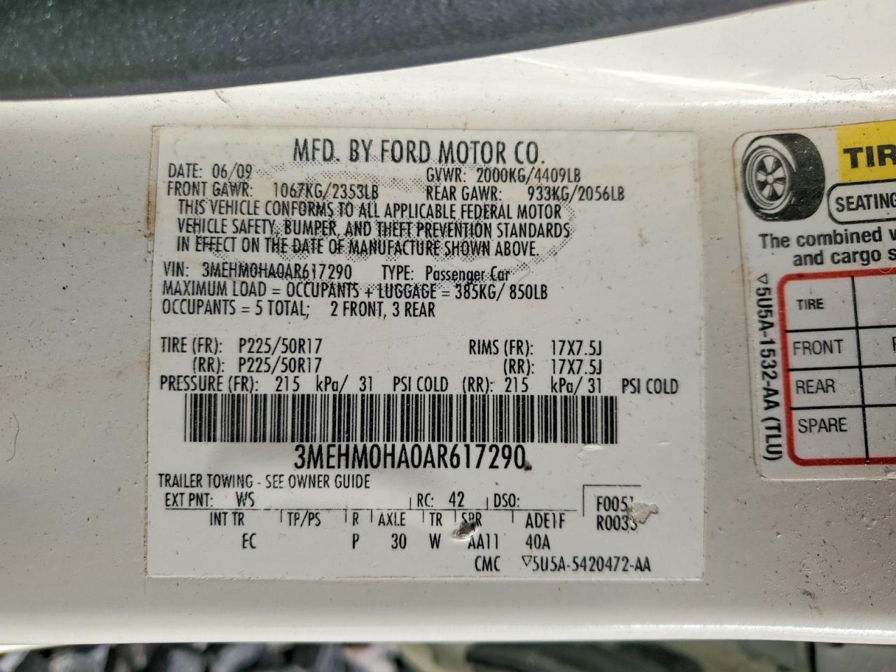 2010 Mercury Milan White vin: 3MEHM0HA0AR617290