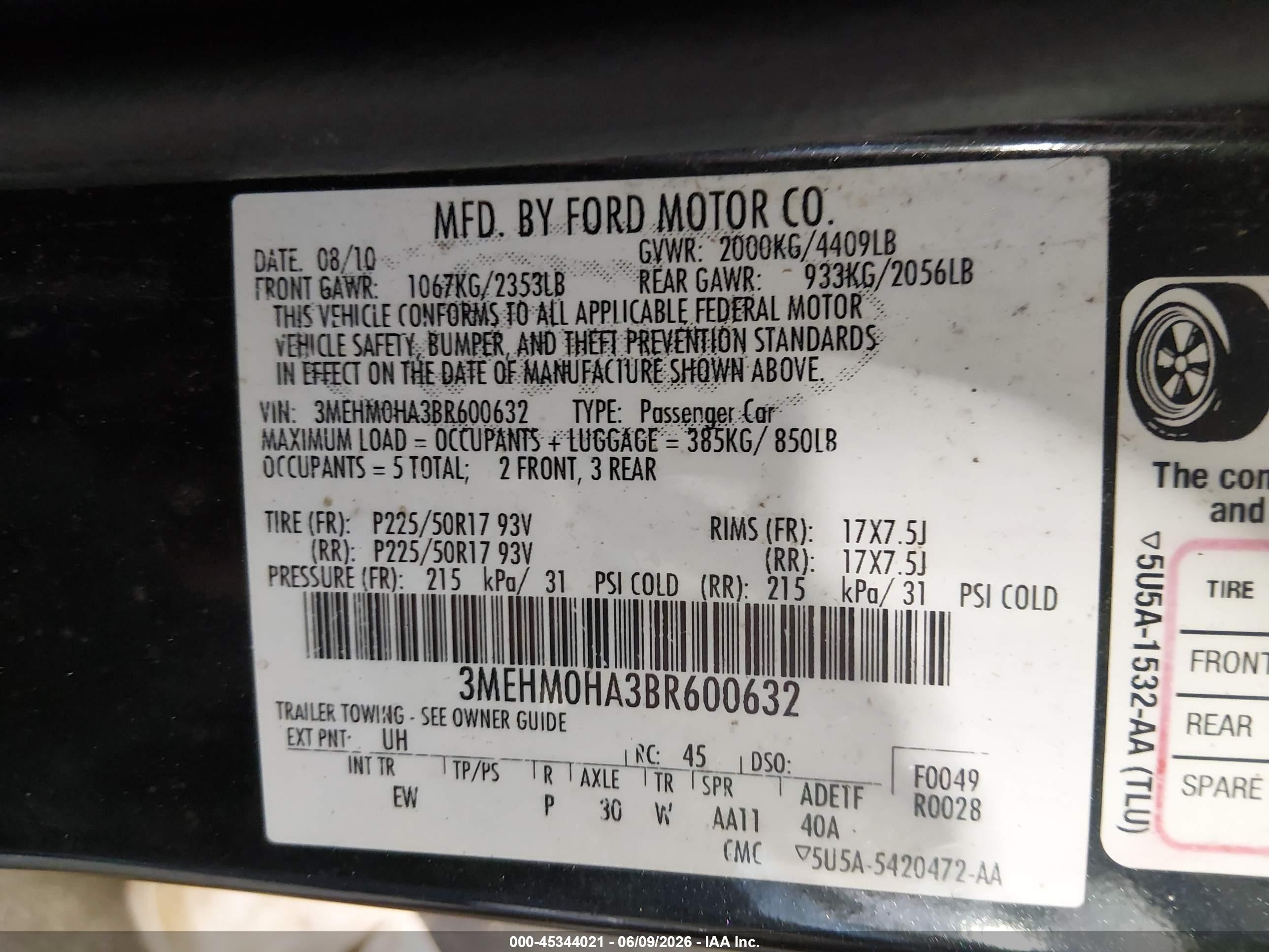 2011 Mercury Milan   Black vin: 3MEHM0HA3BR600632