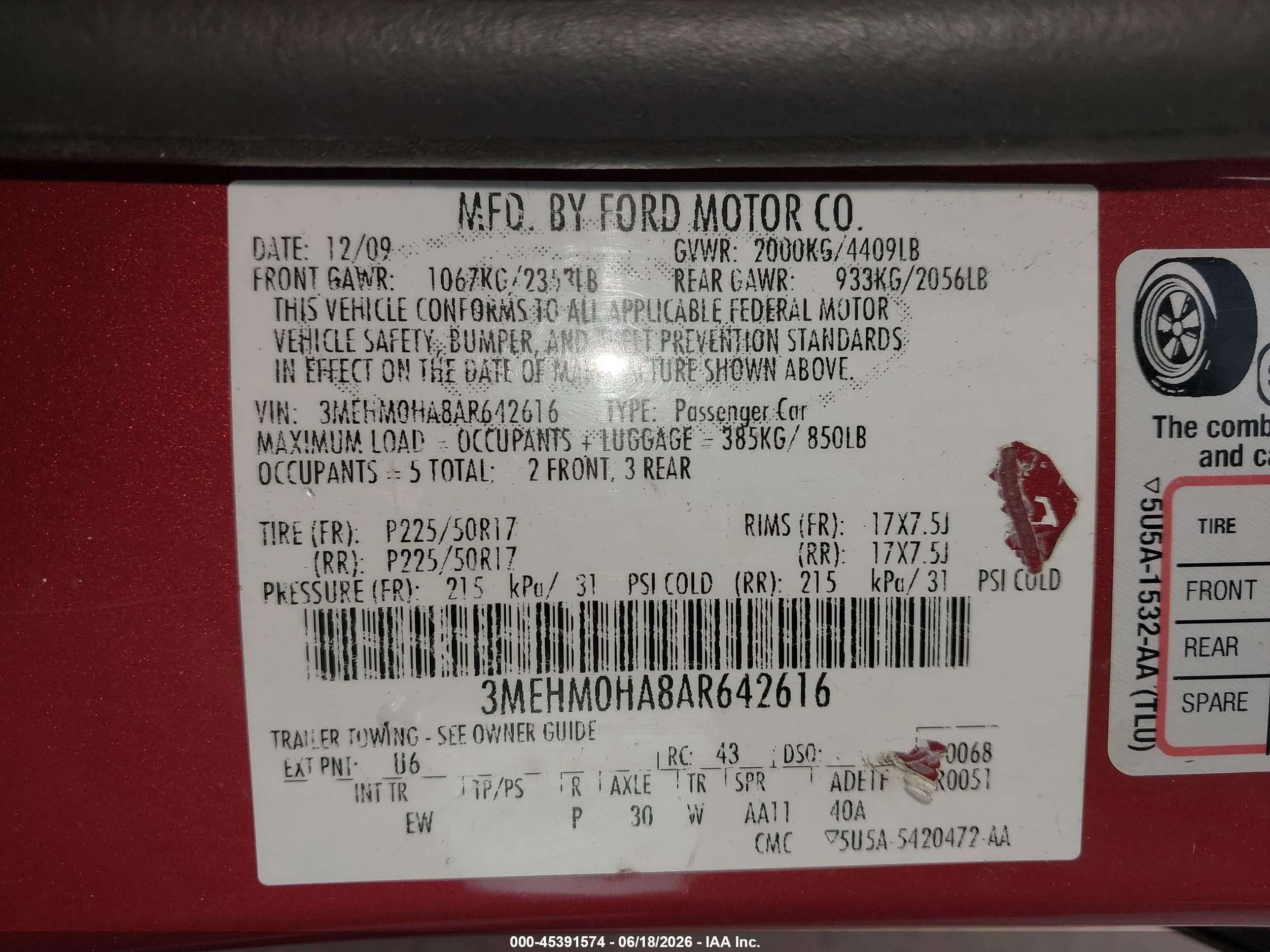 2010 Mercury Milan   Red vin: 3MEHM0HA8AR642616