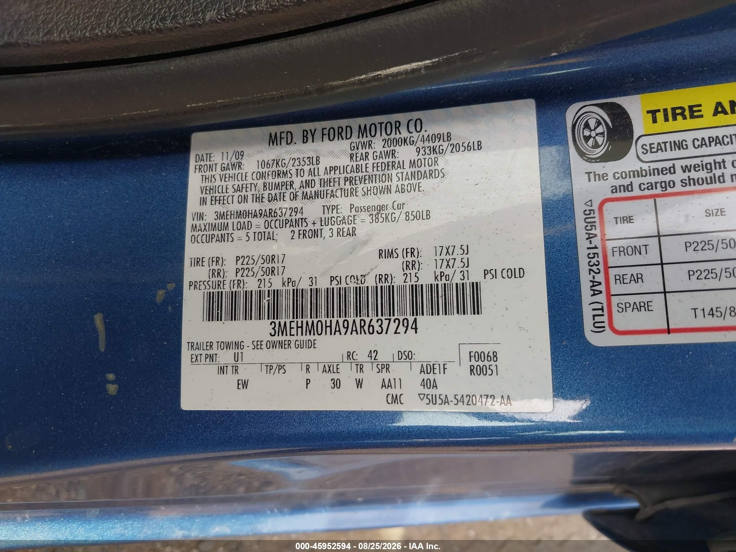 2010 Mercury Milan   Blue vin: 3MEHM0HA9AR637294