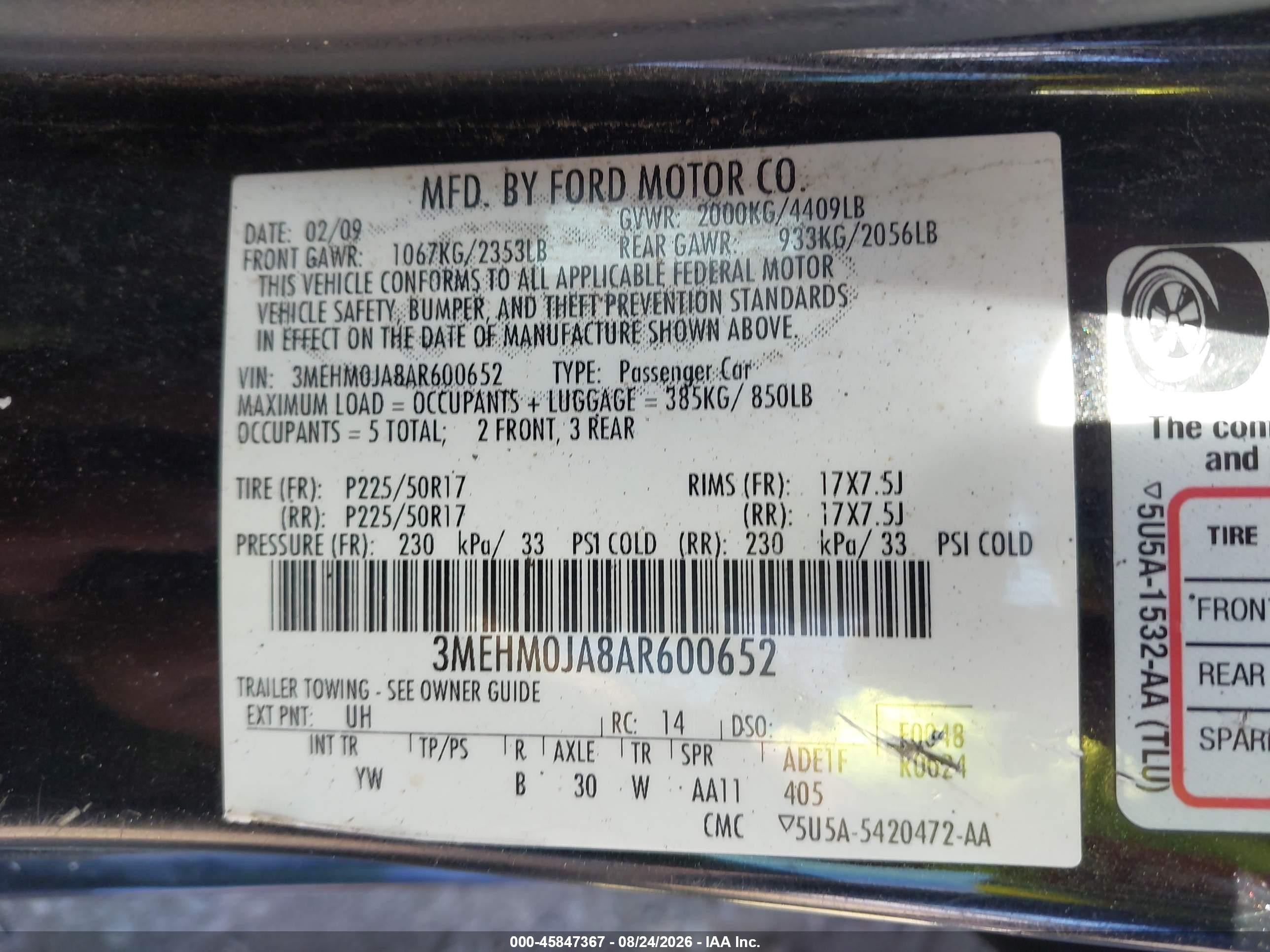 2010 Mercury Milan Premier Black vin: 3MEHM0JA8AR600652