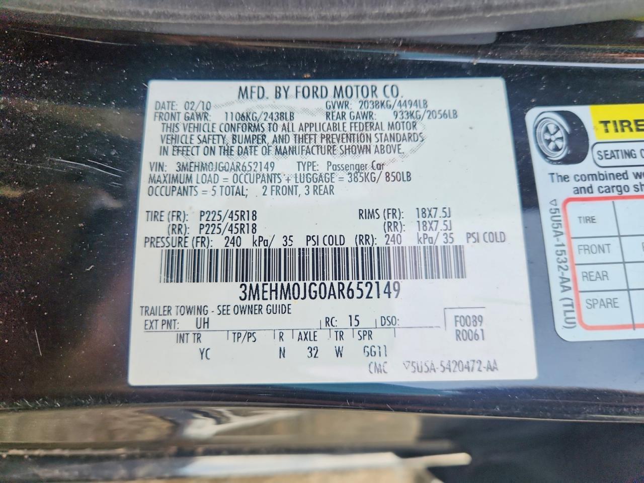2010 Mercury Milan Black vin: 3MEHM0JG0AR652149