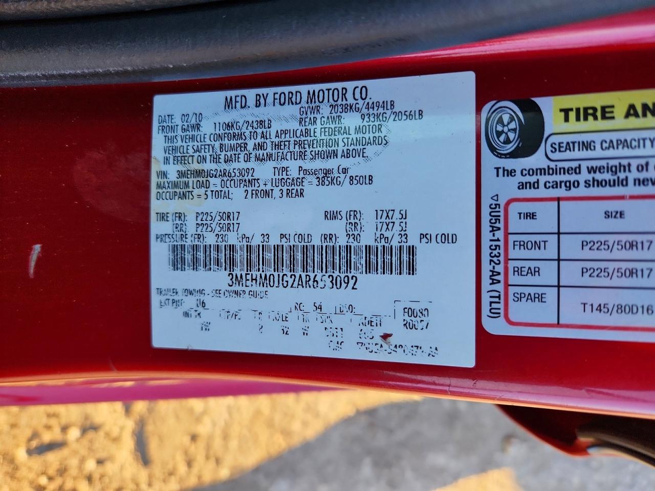 2010 Mercury Milan Premier Red vin: 3MEHM0JG2AR653092