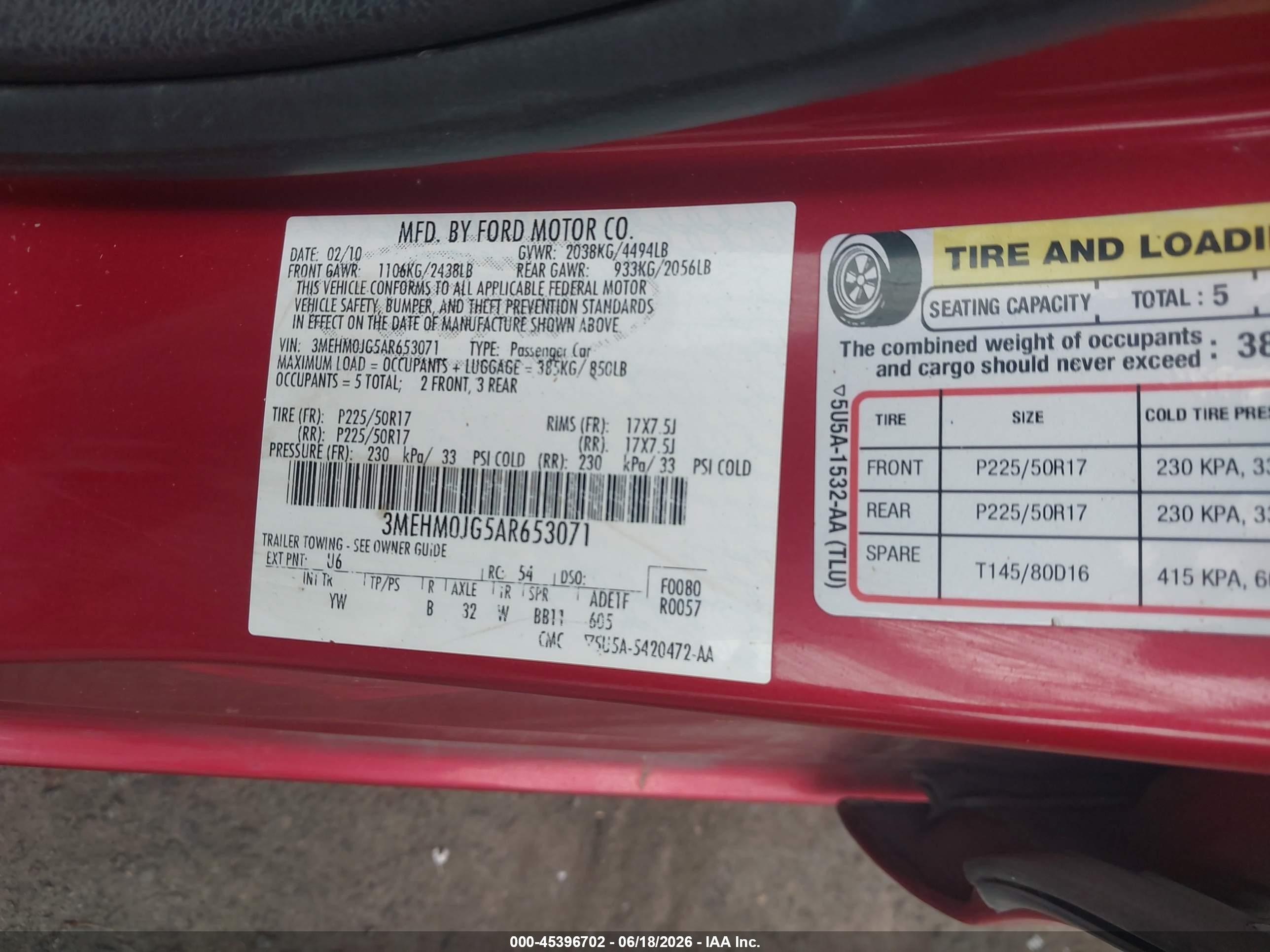 2010 Mercury Milan Premier Red vin: 3MEHM0JG5AR653071
