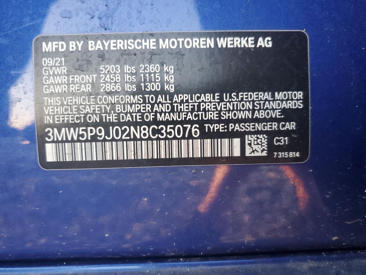 2022 Bmw 330xe    Blue vin: 3MW5P9J02N8C35076