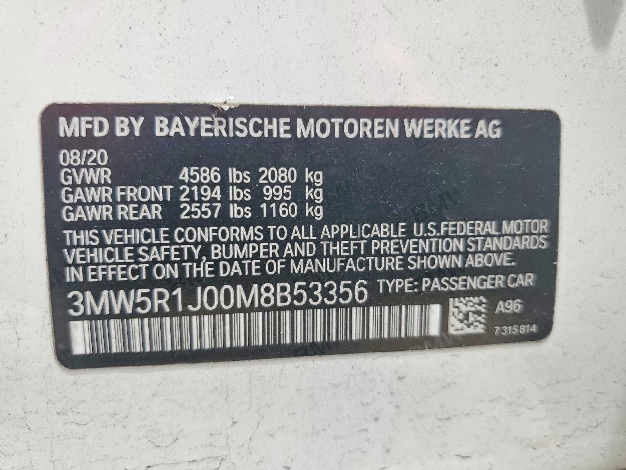 2021 Bmw 330i White vin: 3MW5R1J00M8B53356