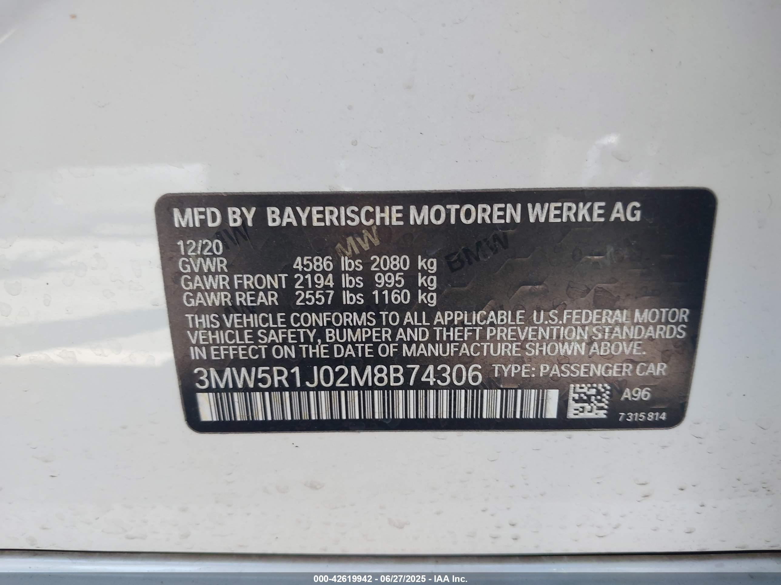 2021 Bmw 330i   White vin: 3MW5R1J02M8B74306