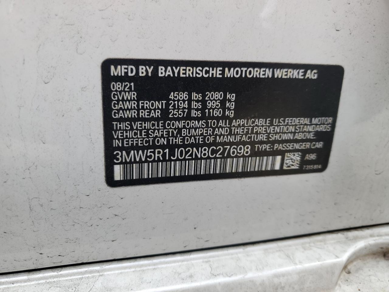 2022 Bmw 330i    White vin: 3MW5R1J02N8C27698