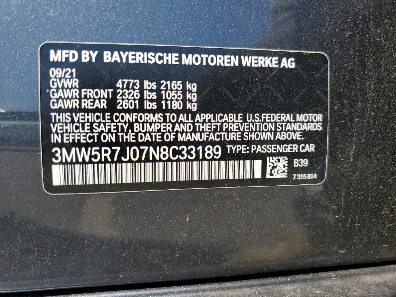 2022 Bmw 330xi Charcoal vin: 3MW5R7J07N8C33189