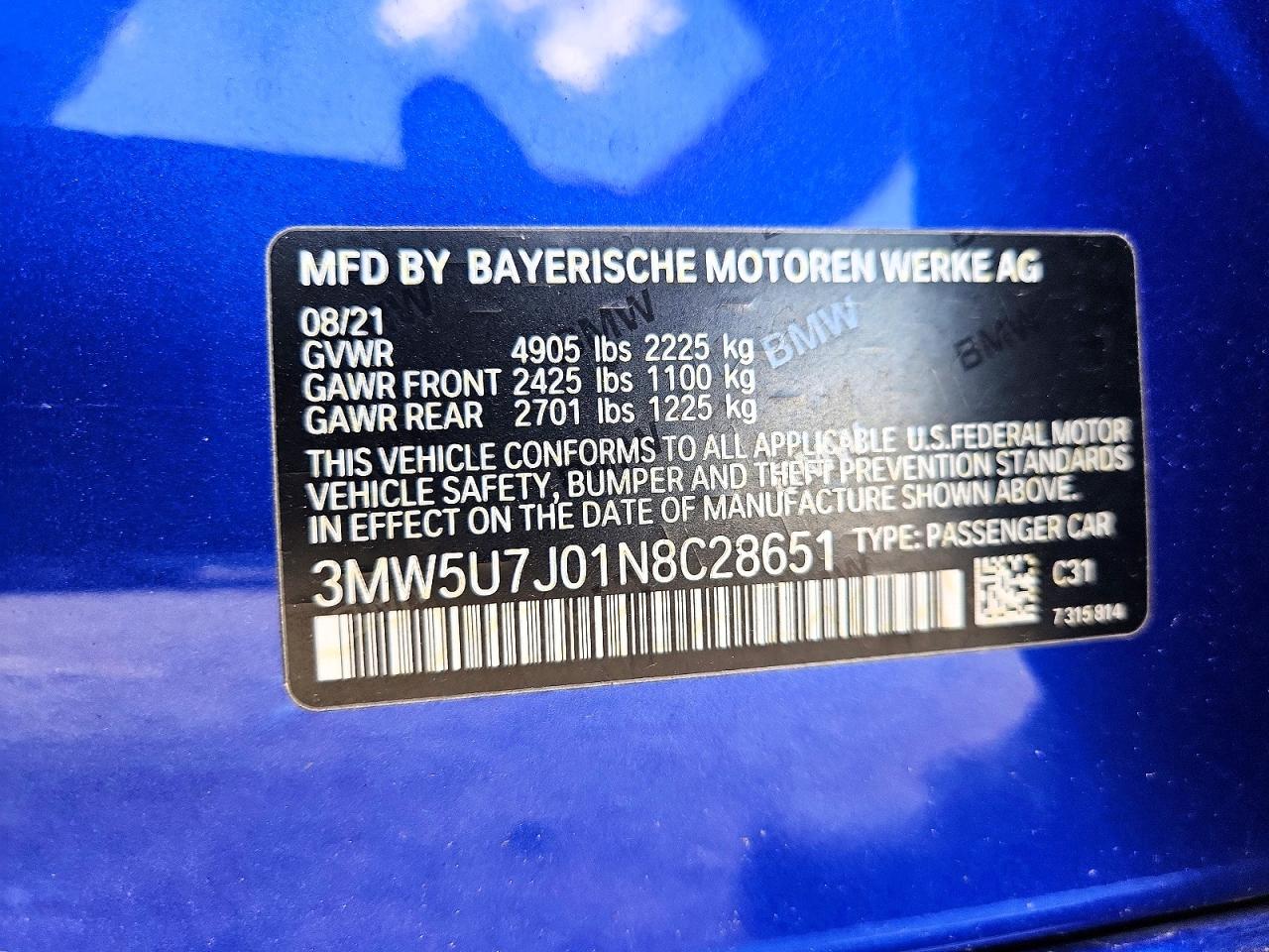 2022 Bmw M340i Blue vin: 3MW5U7J01N8C28651
