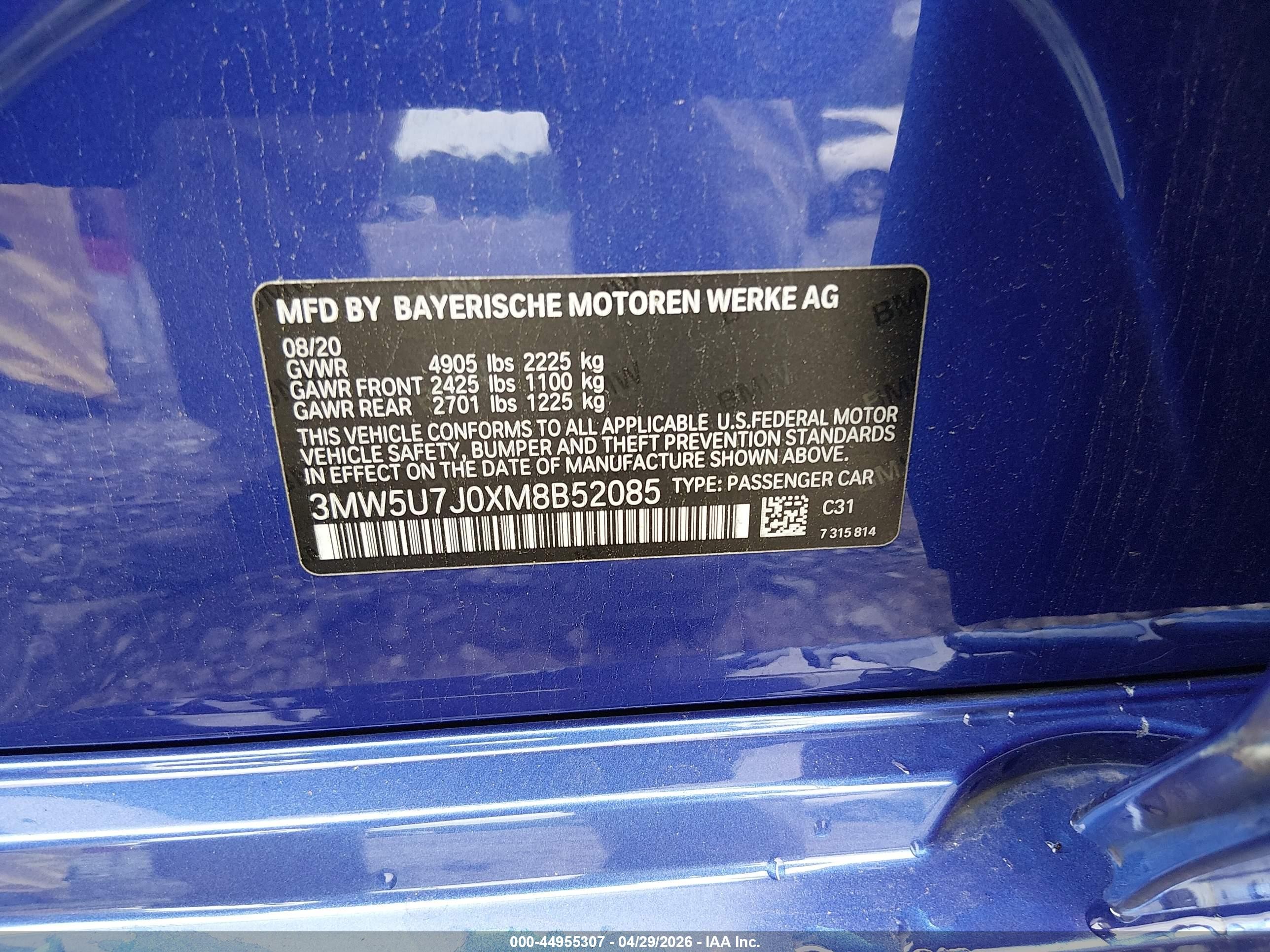 2021 Bmw 3 Series M340i Blue vin: 3MW5U7J0XM8B52085