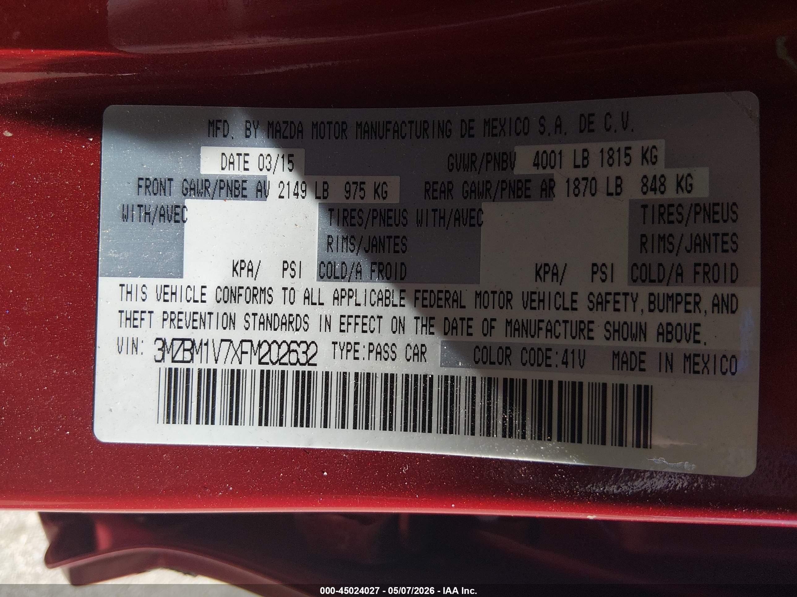 2015 Mazda Mazda3 I Touring Red vin: 3MZBM1V7XFM202632
