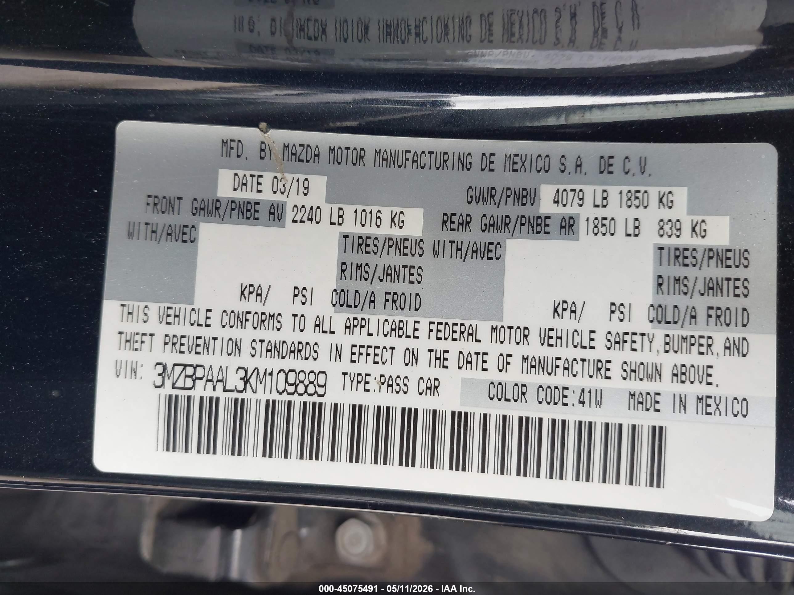 2019 Mazda Mazda3 Select Package Черный vin: 3MZBPAAL3KM109889