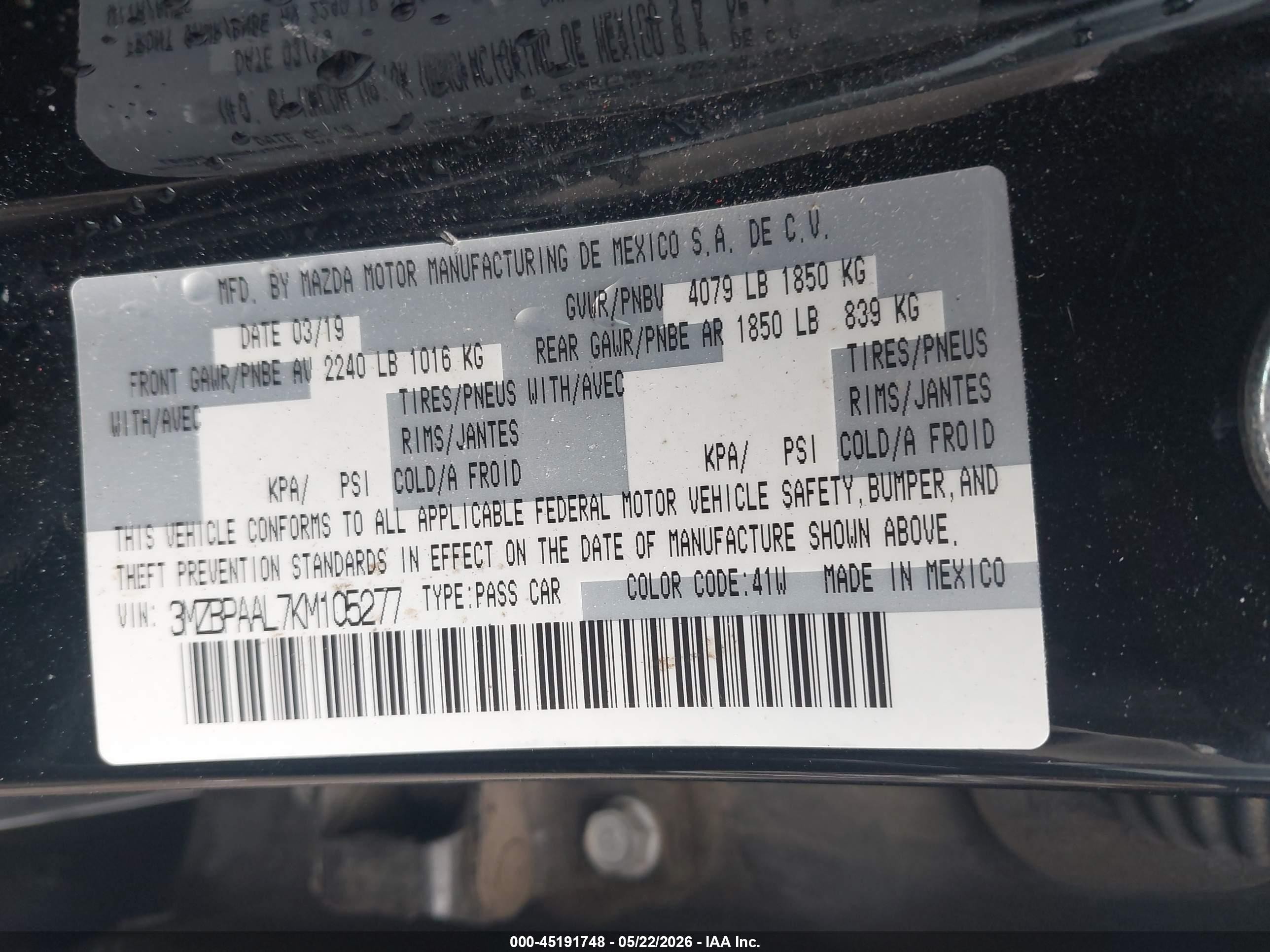 2019 Mazda Mazda3 Select Package Черный vin: 3MZBPAAL7KM105277
