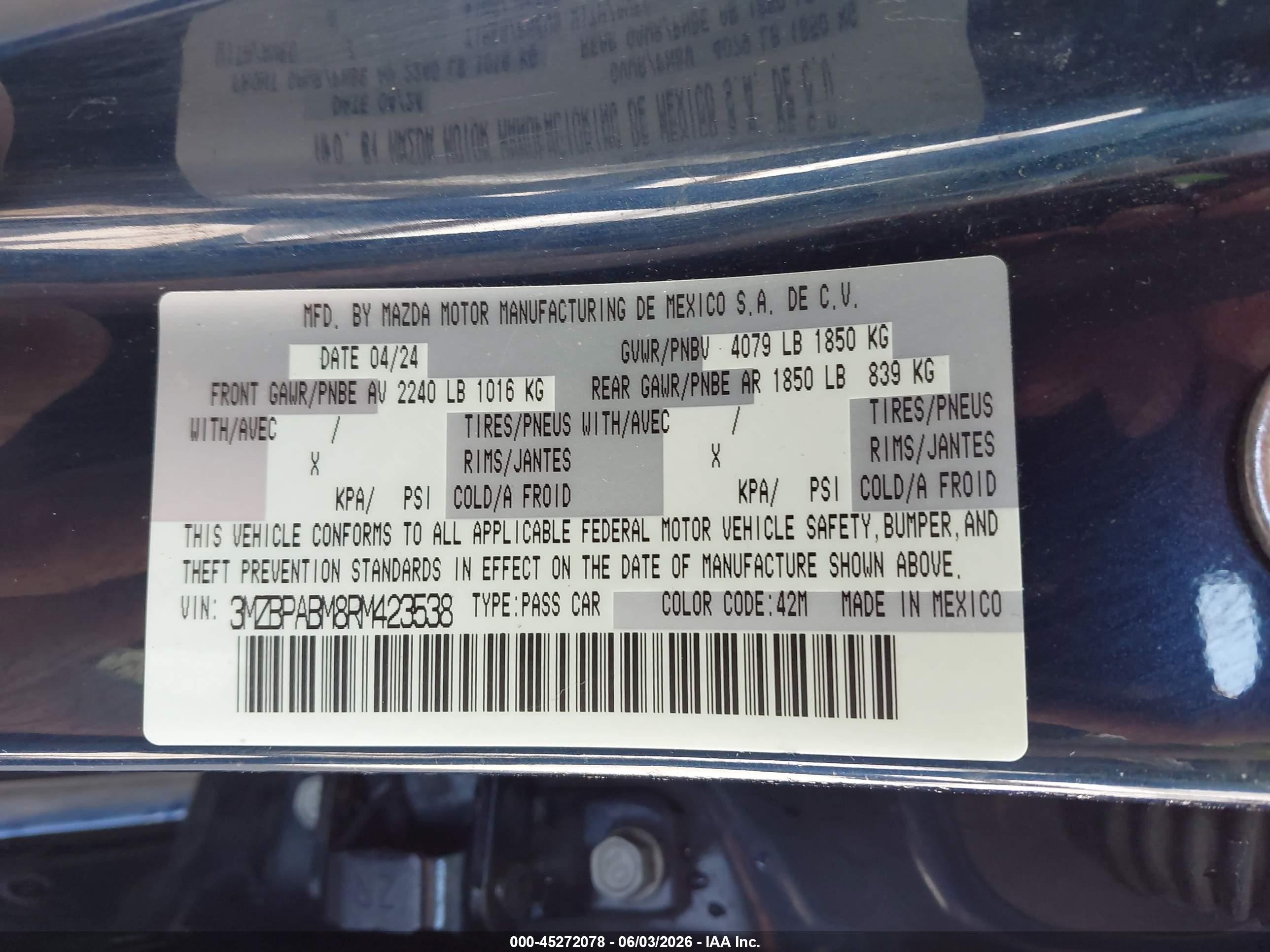2024 Mazda Mazda3 2.5 S Select Sport Blue vin: 3MZBPABM8RM423538