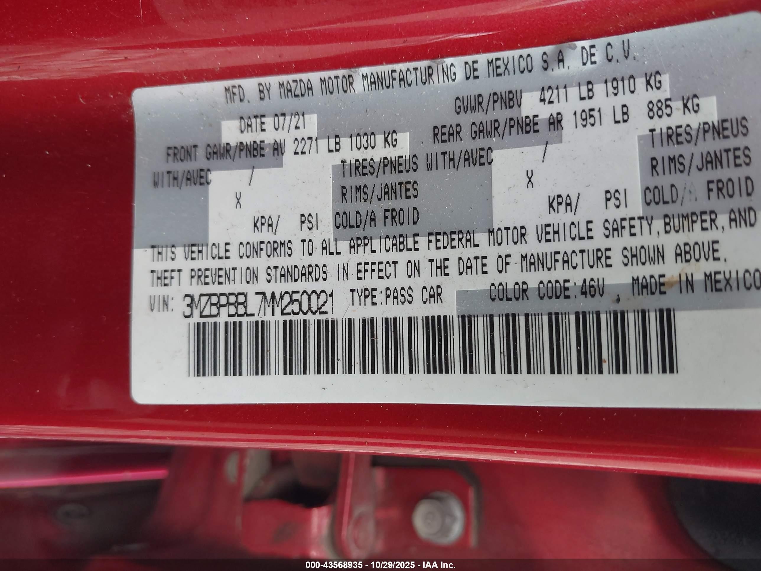 2021 Mazda Mazda3 Select Красный vin: 3MZBPBBL7MM250021