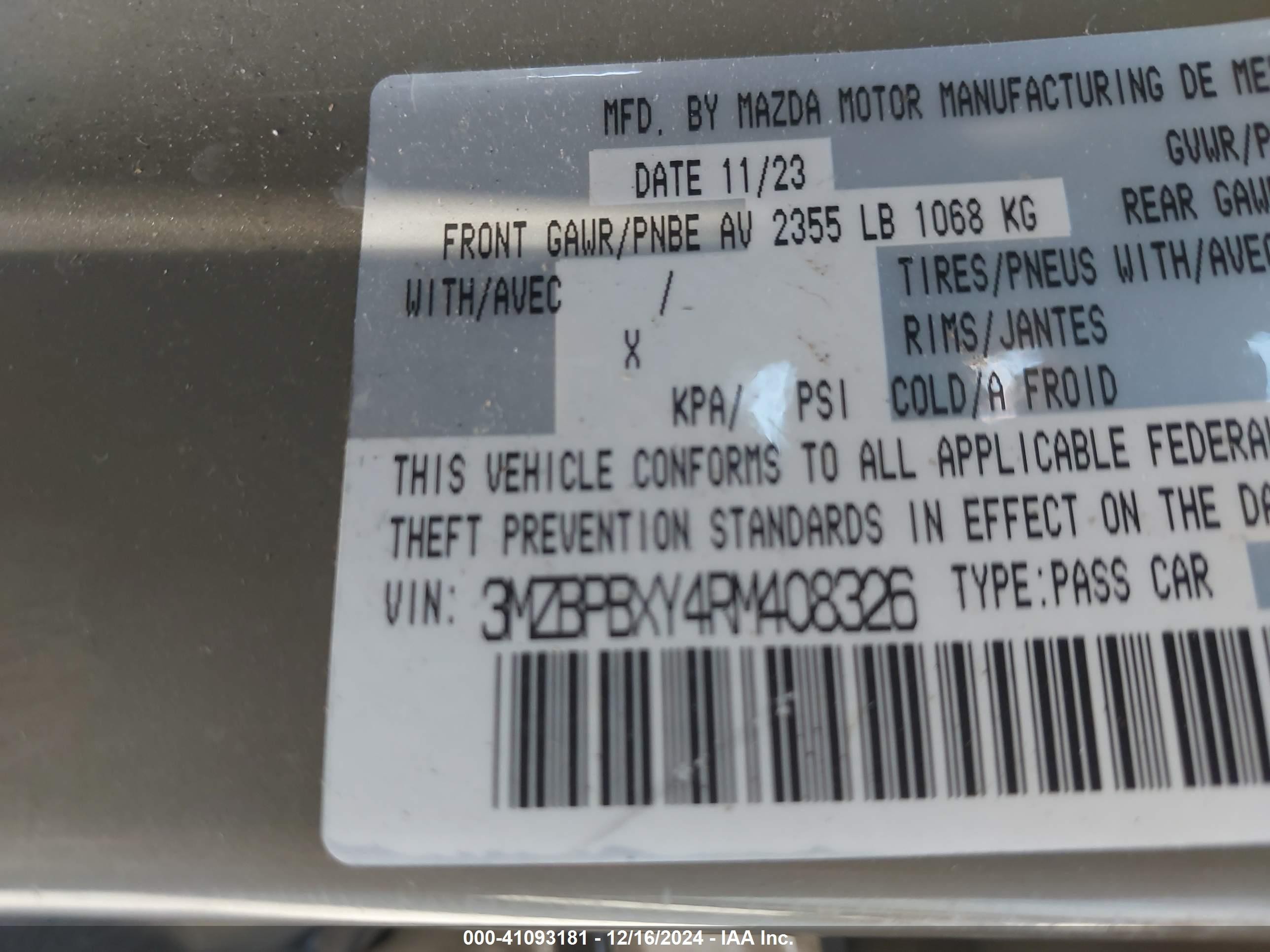 3MZBPBXY4RM408326 — 2024 MAZDA MAZDA3 History & VIN | AutoHelperBot