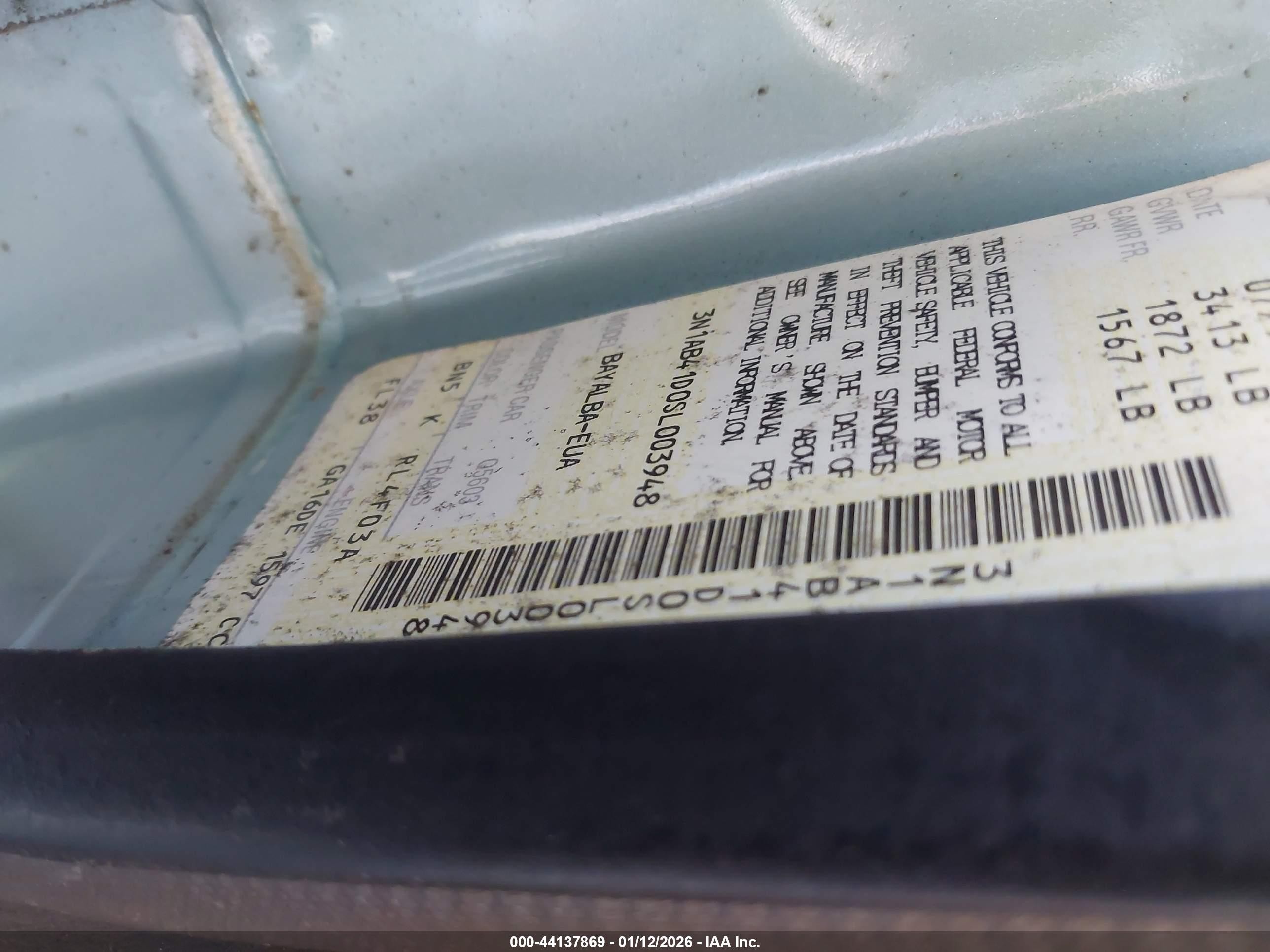 1995 Nissan Sentra Xe/gxe/gle Light Blue vin: 3N1AB41D0SL003948