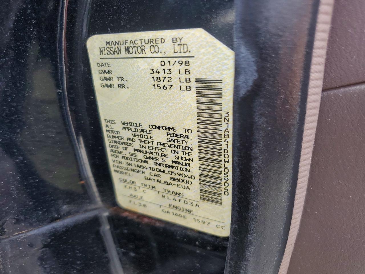 1998 Nissan Sentra Base Black vin: 3N1AB41D0WL059040