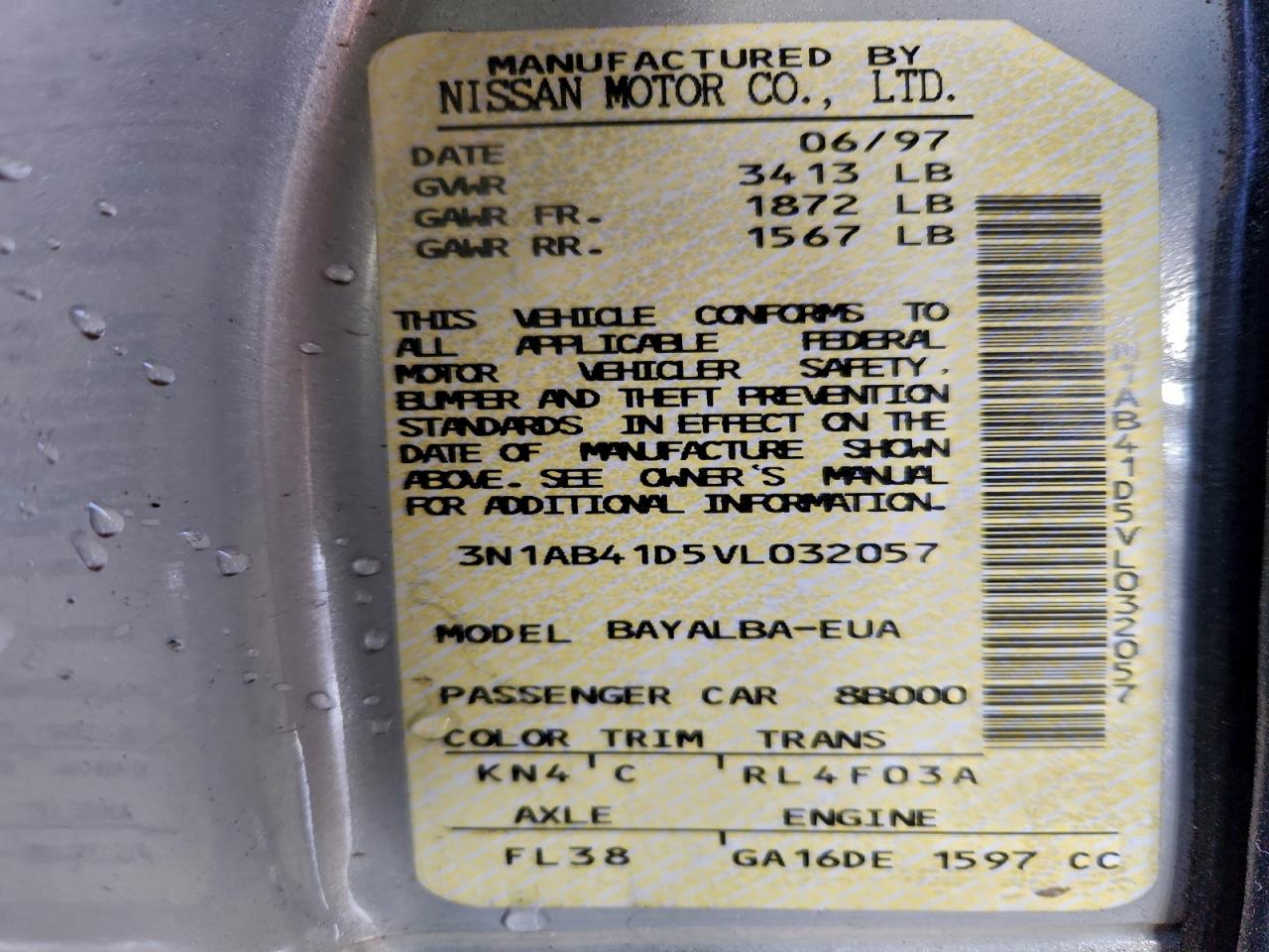 1997 Nissan Sentra Xe Gray vin: 3N1AB41D5VL032057