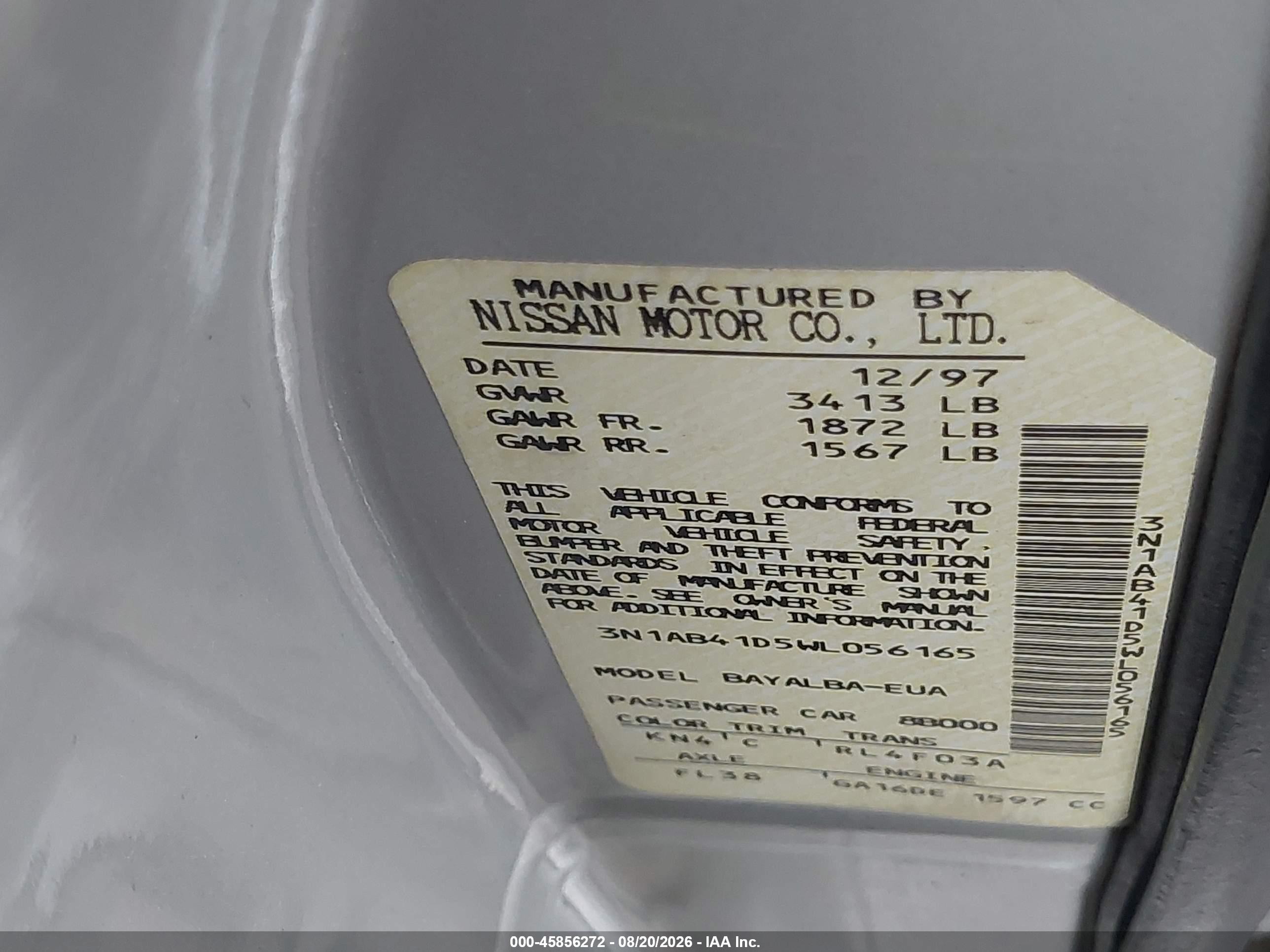 1998 Nissan Sentra Gxe/xe Silver vin: 3N1AB41D5WL056165