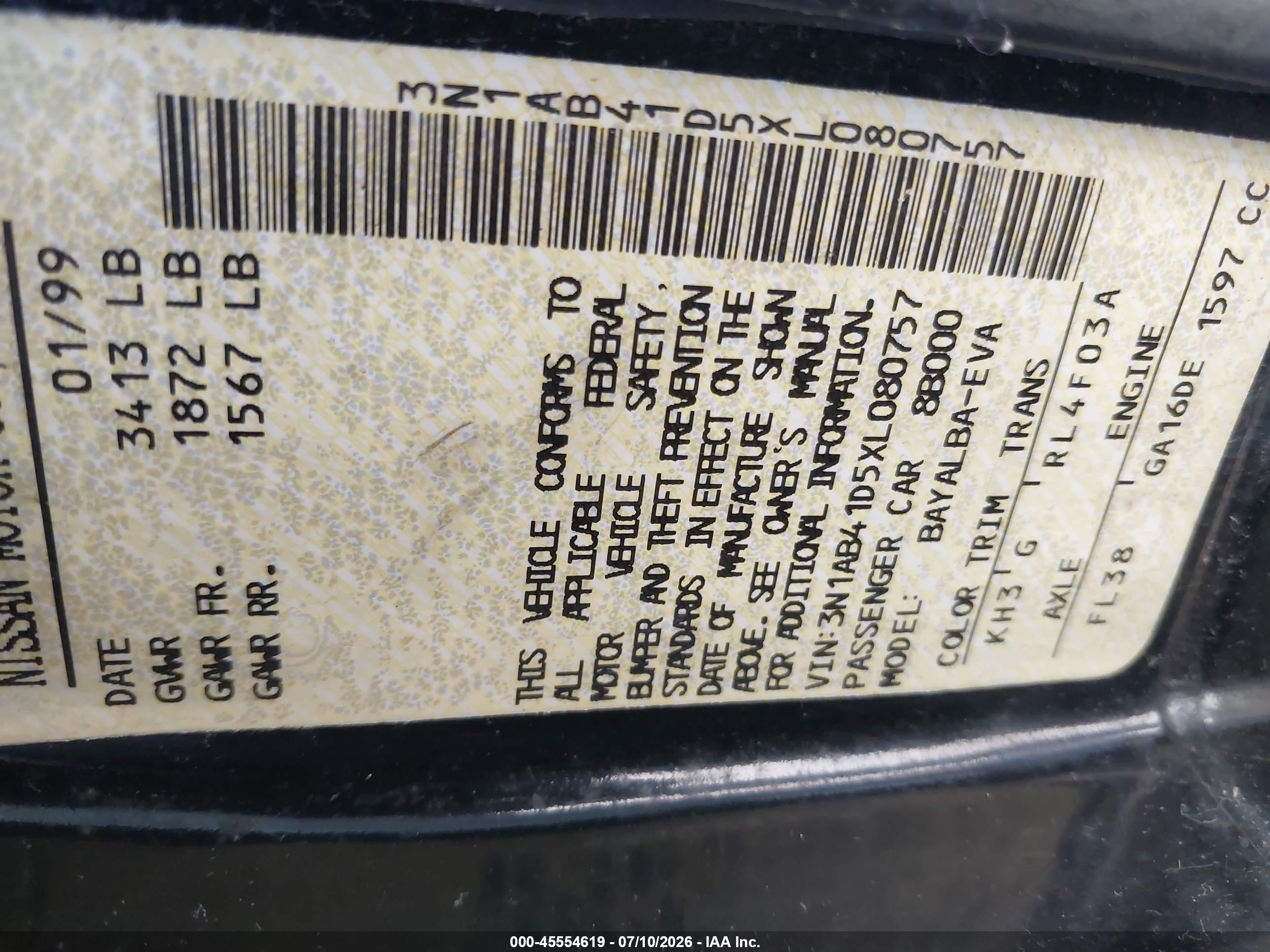 1999 Nissan Sentra Gxe/xe Black vin: 3N1AB41D5XL080757