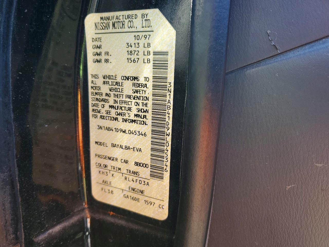 1998 Nissan Sentra Base Black vin: 3N1AB41D9WL045346
